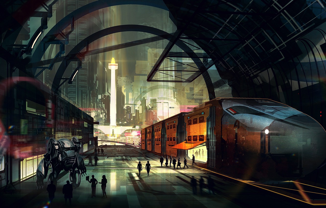 Wallpaper night, the city, future, people, fiction, station, train, robot, skyscrapers, megapolis image for desktop, section фантастика