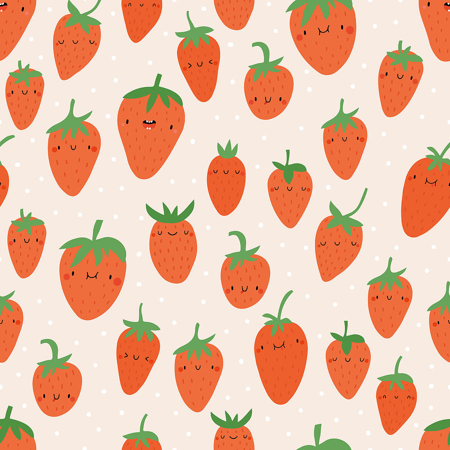 Super cute seamless pattern with Strawberries. Cartoon fruits background. Spring seasonal berry texture. Natural fresh food background in childish style. Drawing
