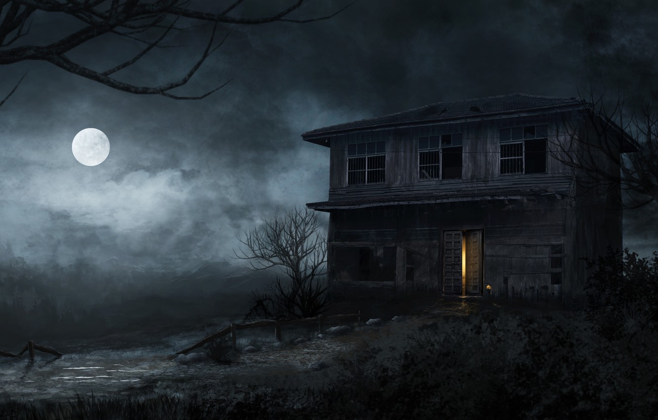 Wallpaper night, house, tree, the moon, swamp, haunted house image for desktop, section разное