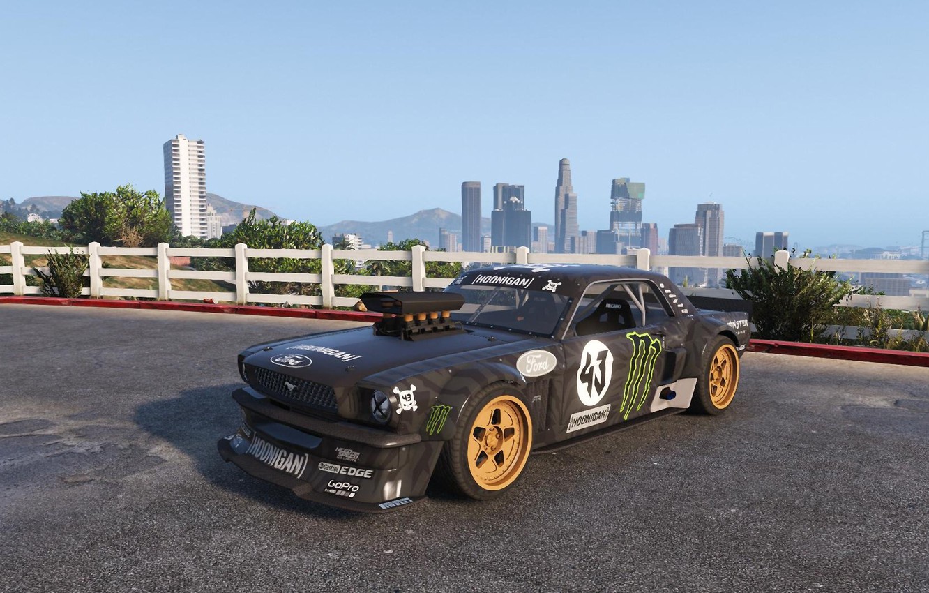 Wallpaper black, the fence, Mustang, Ford, skyscrapers, the bushes, 1965, GTA 5, Hoonicorn image for desktop, section игры