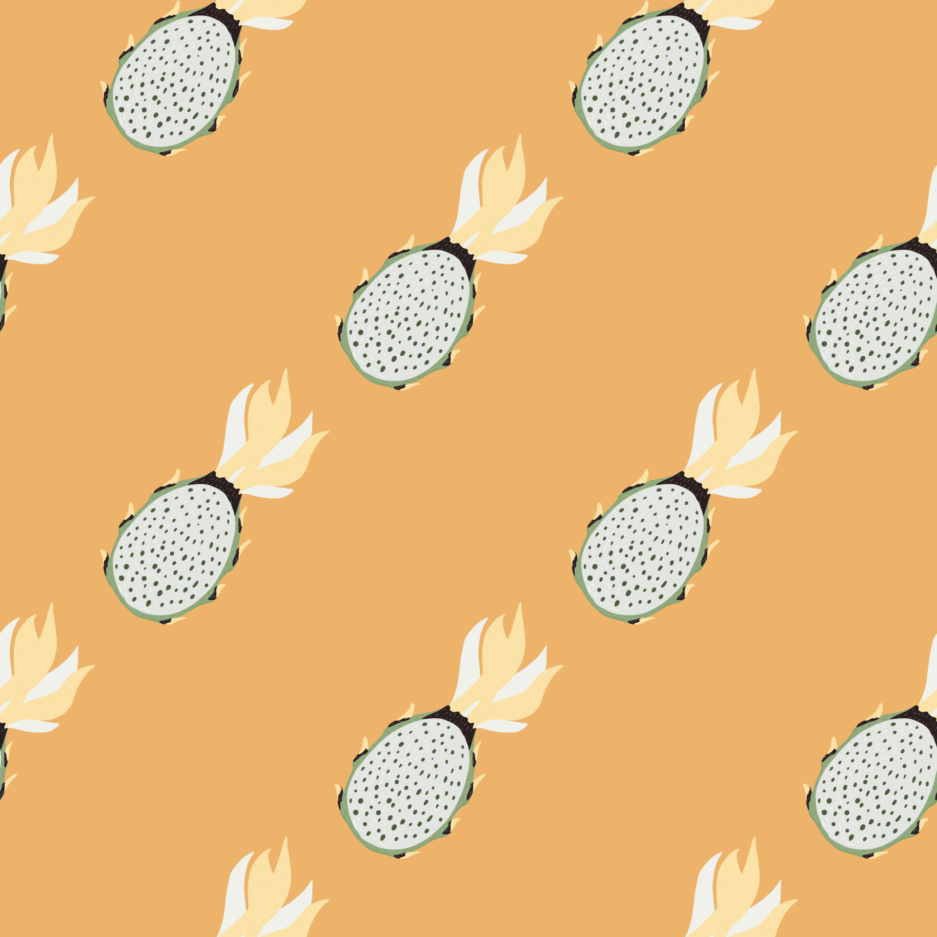 Healthy seamless food pattern with dragon fruit elements. Orange pastel background