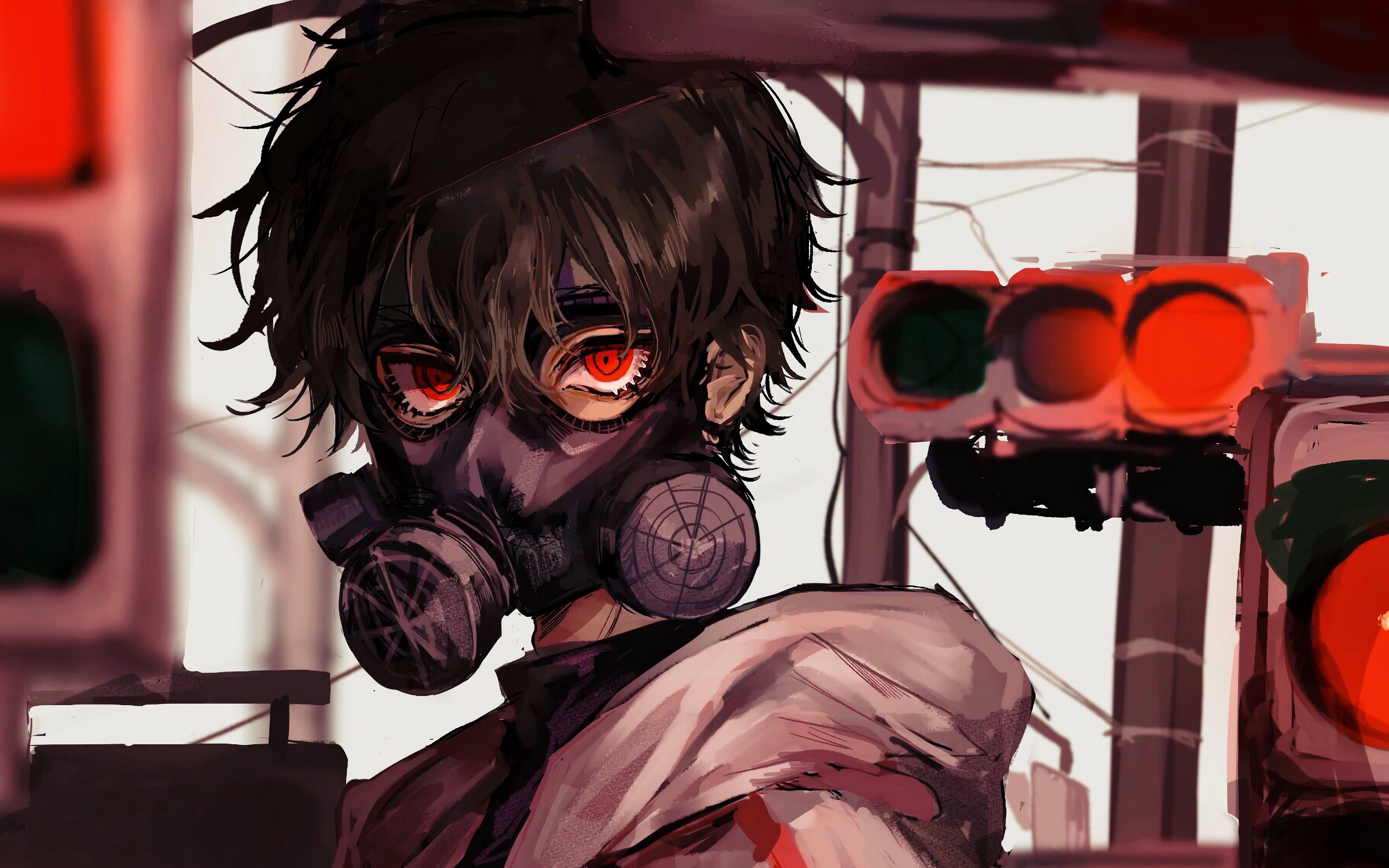 Anime Gas Mask Red Eye 4K Wallpaper