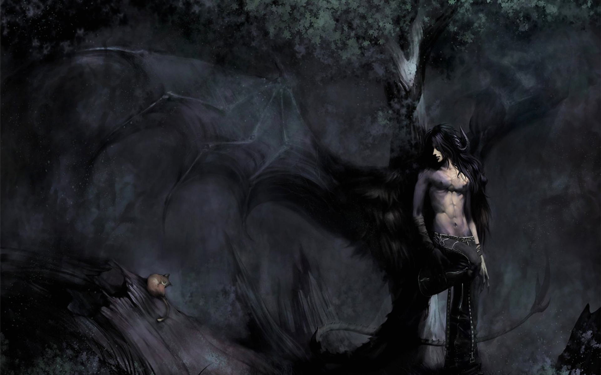 Dark fantasy fallen angel demon creature monster trees forest nature mood men males boy art paintings anime wallpaperx1200