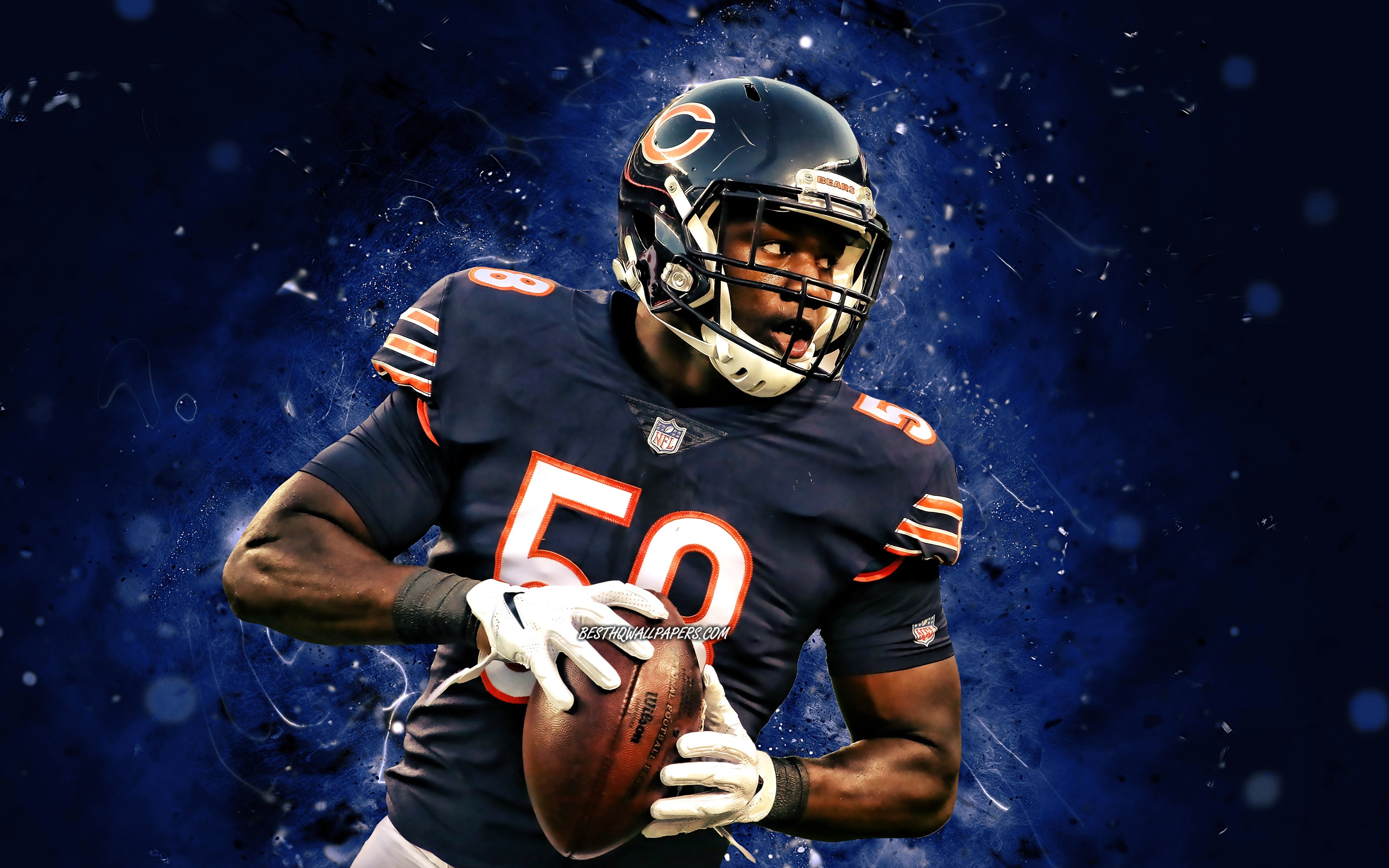 Download wallpaper Roquan Smith, 4k, linebacker, Chicago Bears, american football, NFL, Roquan Daevon Smith, blue neon lights, Roquan Smith Chicago Bears, Roquan Smith 4K for desktop with resolution 3840x2400. High Quality HD