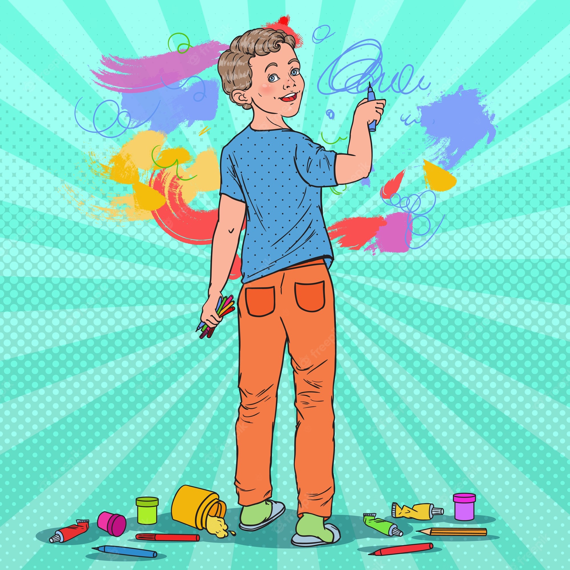 Premium Vector. Pop art creative boy drawing on the wall. joyful child painting with crayons on wallpaper