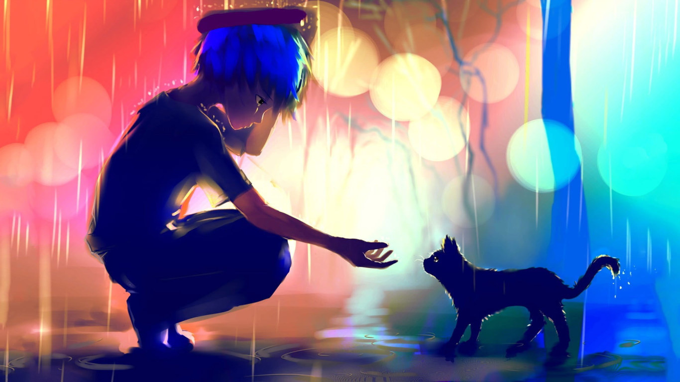 Boy In The Rain About To Hold The Cat Digital Wallpaper, Blue Haired Anime Boy Painting • Wallpaper For You