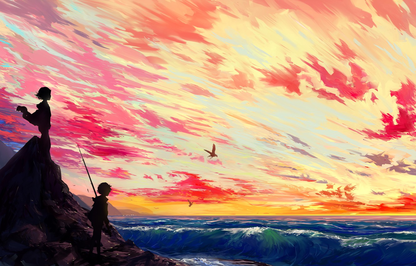 Wallpaper sea, wave, the sky, the sun, Islands, clouds, sunset, birds, widescreen, island, anime, boy, art, girl, panorama, rod image for desktop, section живопись