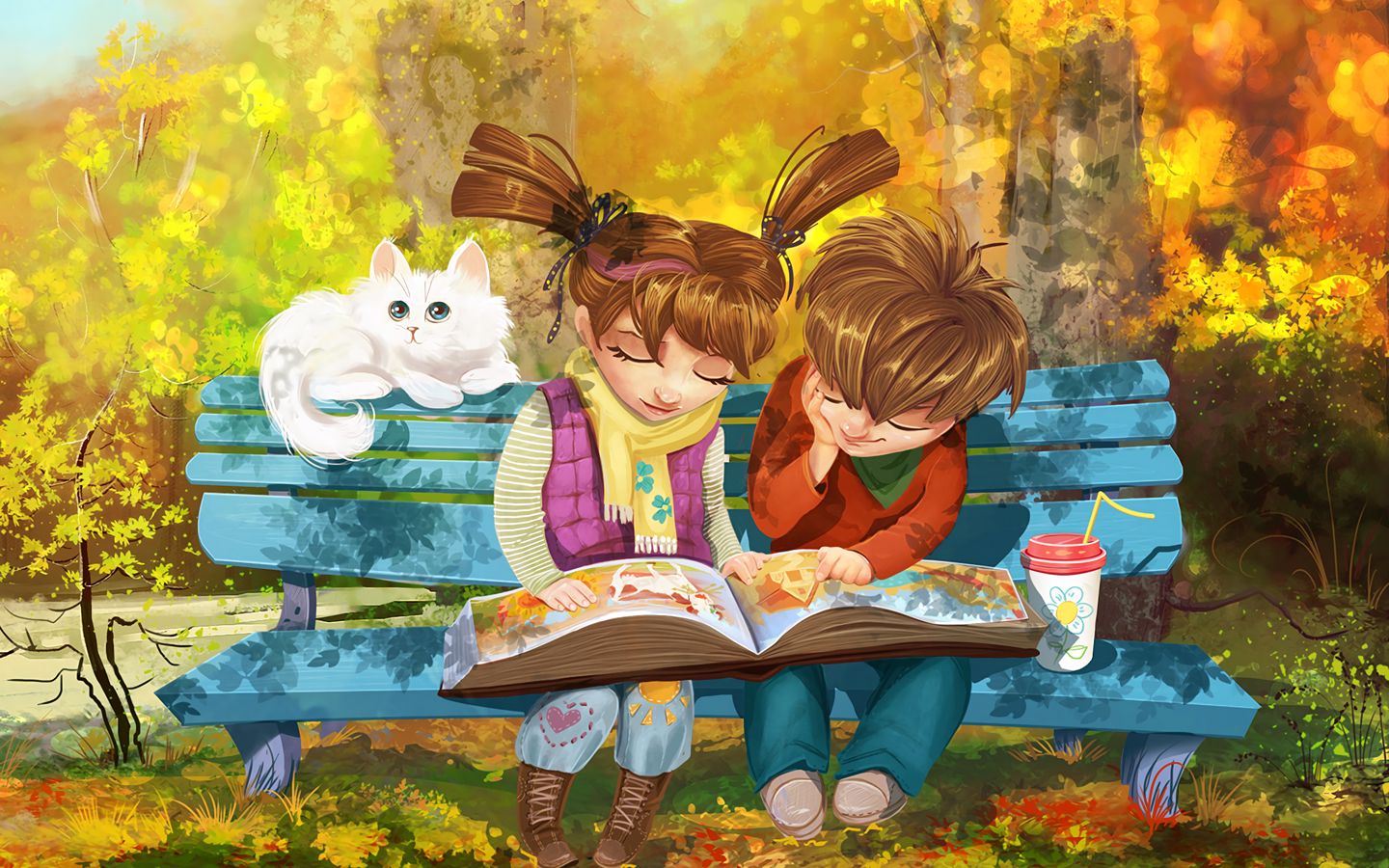 Download wallpaper 1440x900 boy, girl, cat, bench, park, cute widescreen 16:10 HD background