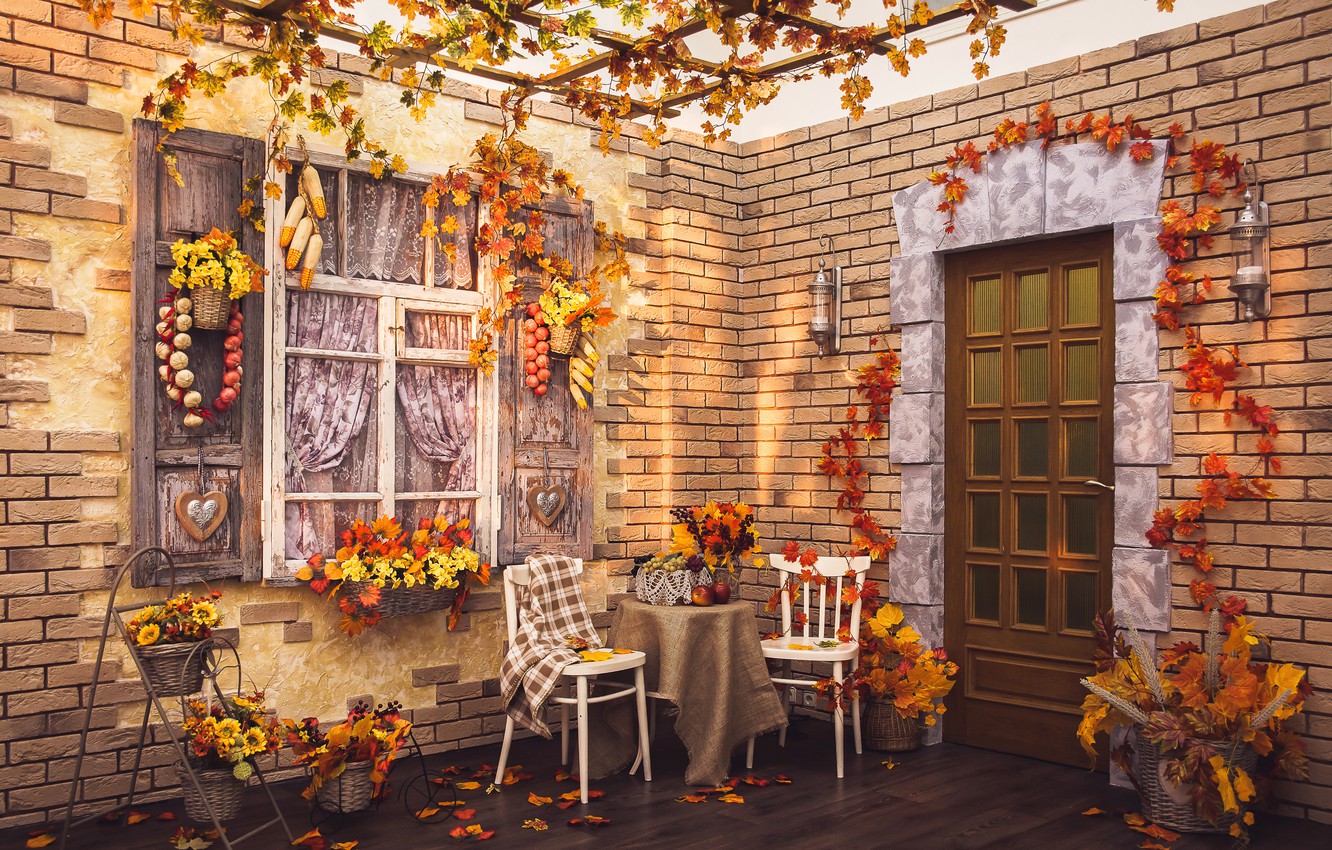 Wallpaper autumn, leaves, design, table, window, autumn, Interior image for desktop, section интерьер
