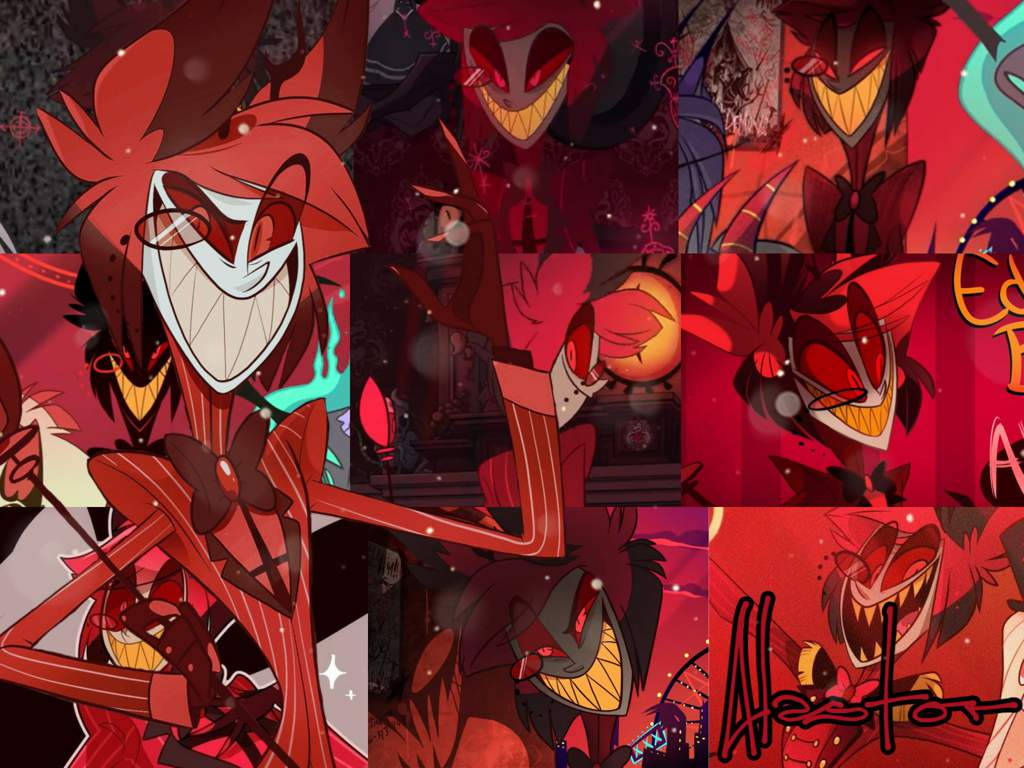 Download Alastor, the Demon of Chaos, in a collage showcasing the characters of Hazbin Hotel Wallpaper