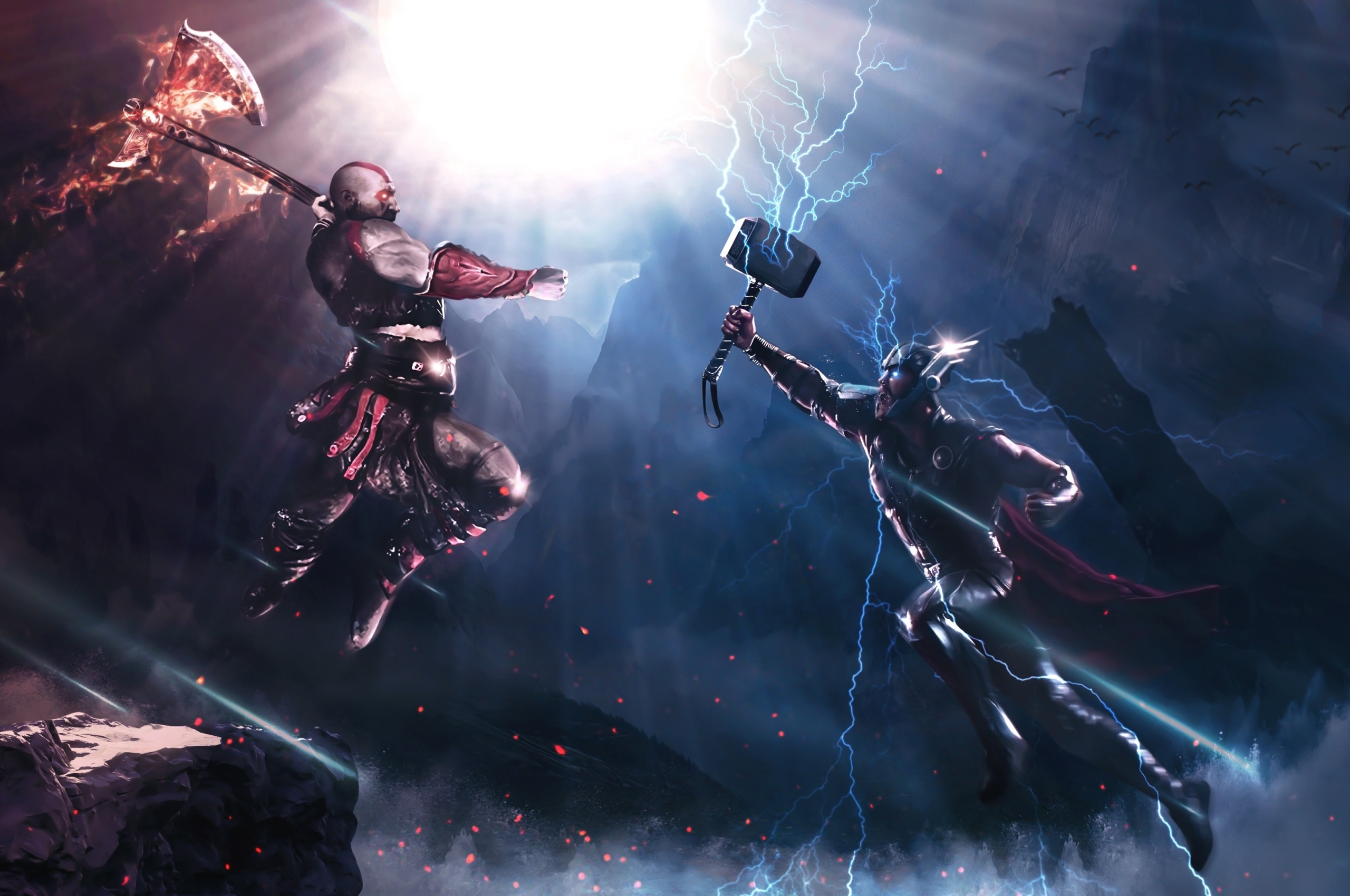Wallpaper Crossover, Kratos Vs Thor, Axe, Lightning, Fight:3840x2160