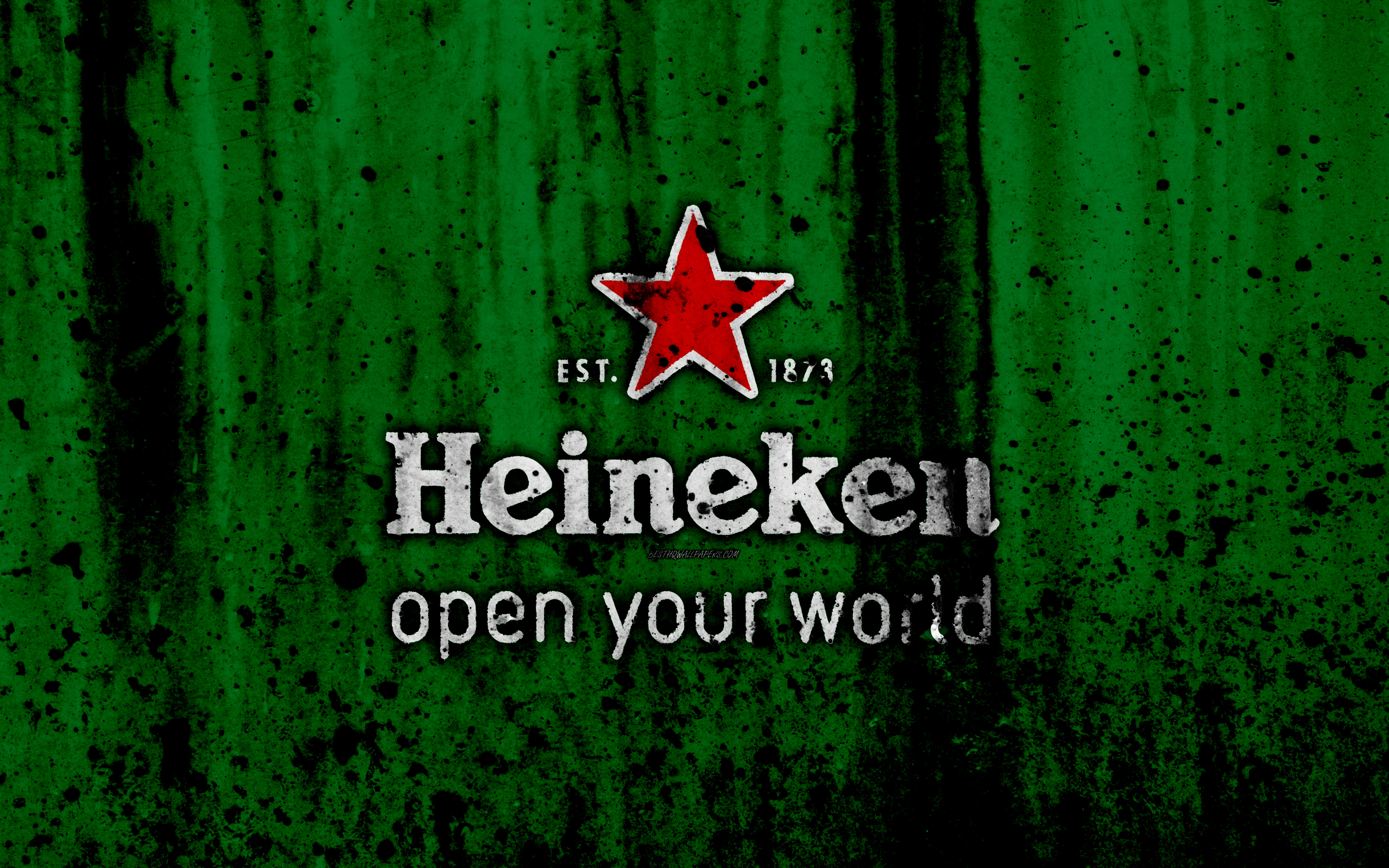 Download wallpaper Heineken, 4k, logo, beer, grunge, green backgroud, Heineken logo for desktop with resolution 3840x2400. High Quality HD picture wallpaper