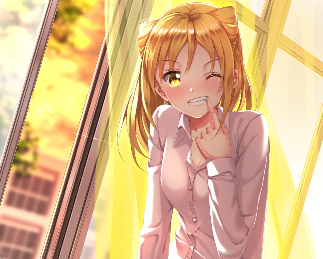 Breasts Cleavage Cropped Demi Chan Wa Kataritai Fang Orange Hair Shirt Short Hair Sunset Swordsouls Takanashi Hikari Vampire Wink Yellow Eyes. Konachan.com.com Anime Wallpaper