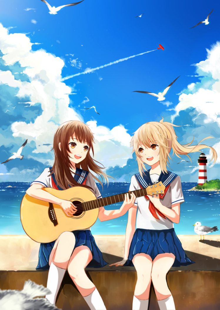original, Long hair, Summer, Friend, Sea, Animal, Guitar, Song, Music, Anime Wallpaper HD / Desktop and Mobile Background