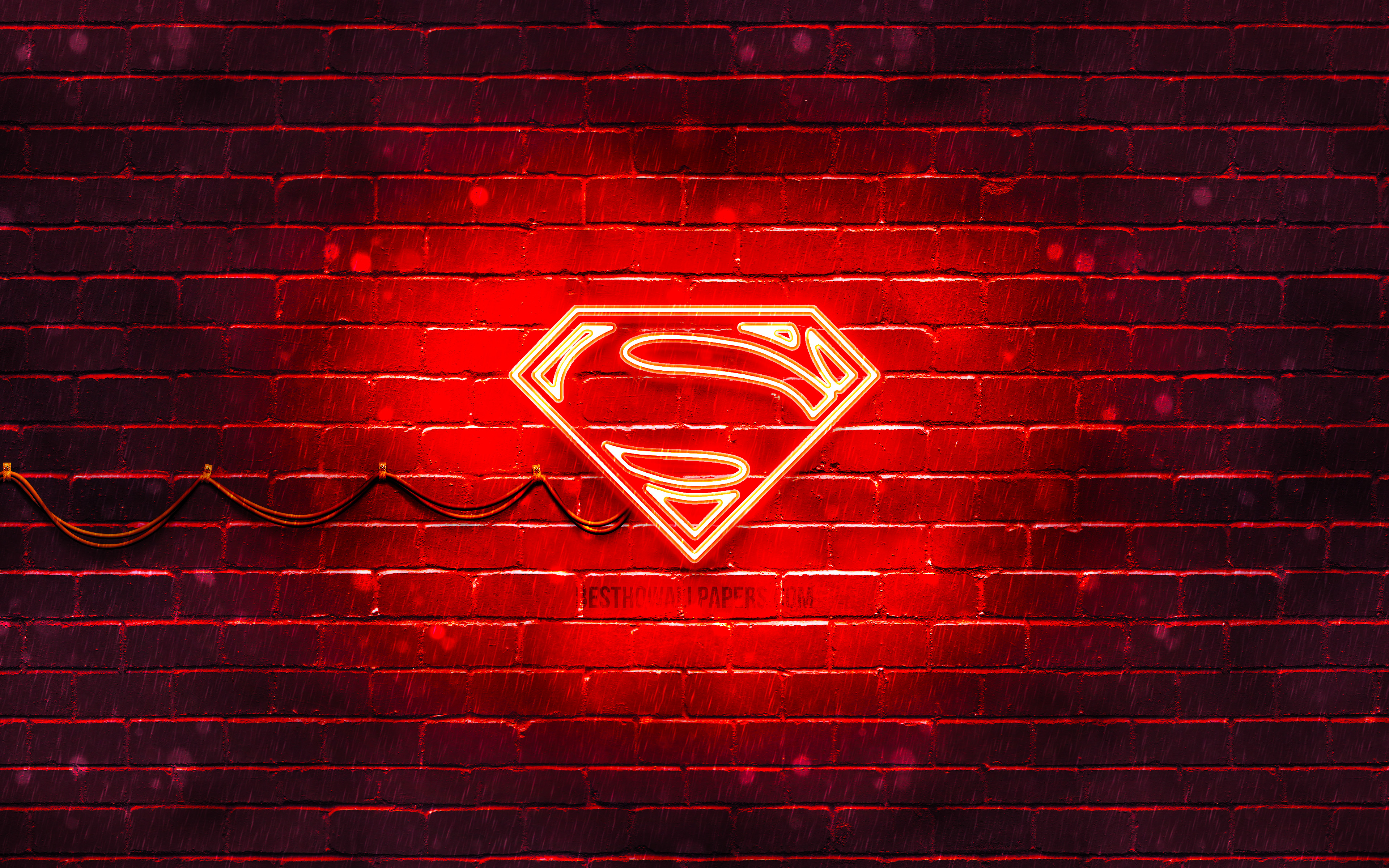 Download wallpaper Superman red logo, 4k, red brickwall, Superman logo, superheroes, Superman neon logo, Superman for desktop with resolution 3840x2400. High Quality HD picture wallpaper