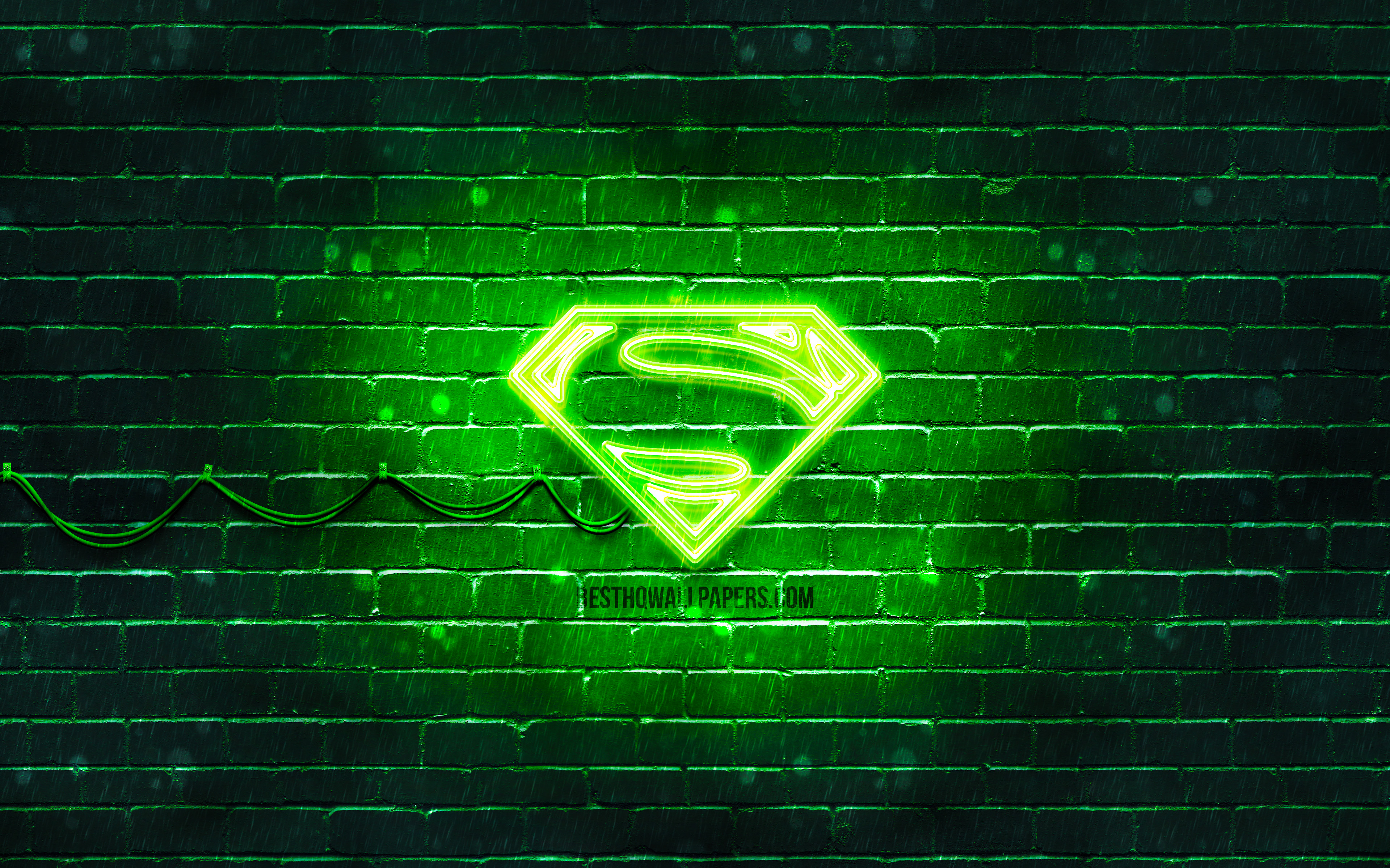Download wallpaper Superman green logo, 4k, green brickwall, Superman logo, superheroes, Superman neon logo, Superman for desktop with resolution 3840x2400. High Quality HD picture wallpaper