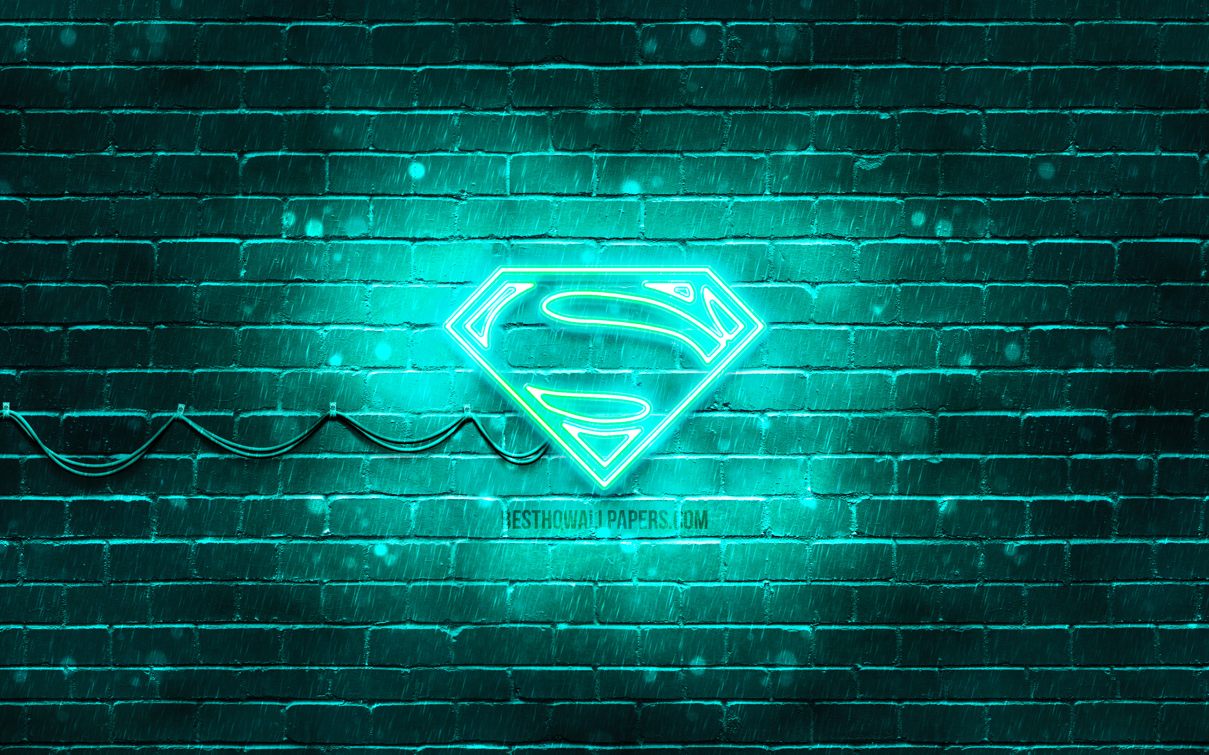 Download wallpaper Superman turquoise logo, 4k, turquoise brickwall, Superman logo, superheroes, Superman neon logo, Superman for desktop with resolution 3840x2400. High Quality HD picture wallpaper