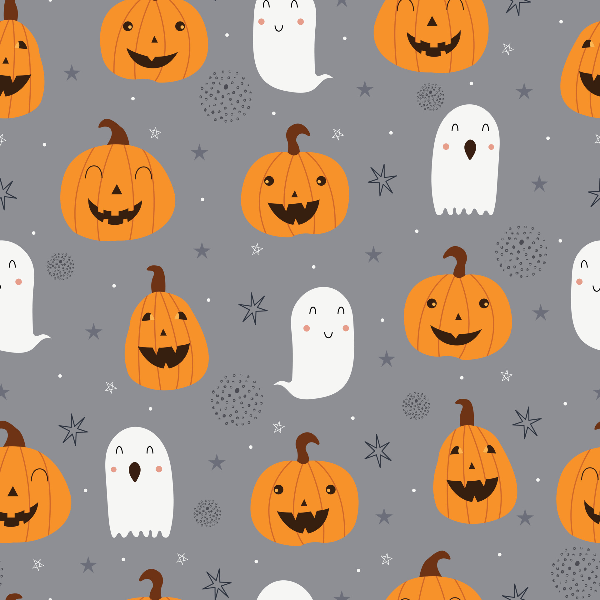 Seamless vector pattern Halloween background with pumpkins and ghosts Hand drawn design in cartoon style used for printing, wallpaper, cloth, fashion textile