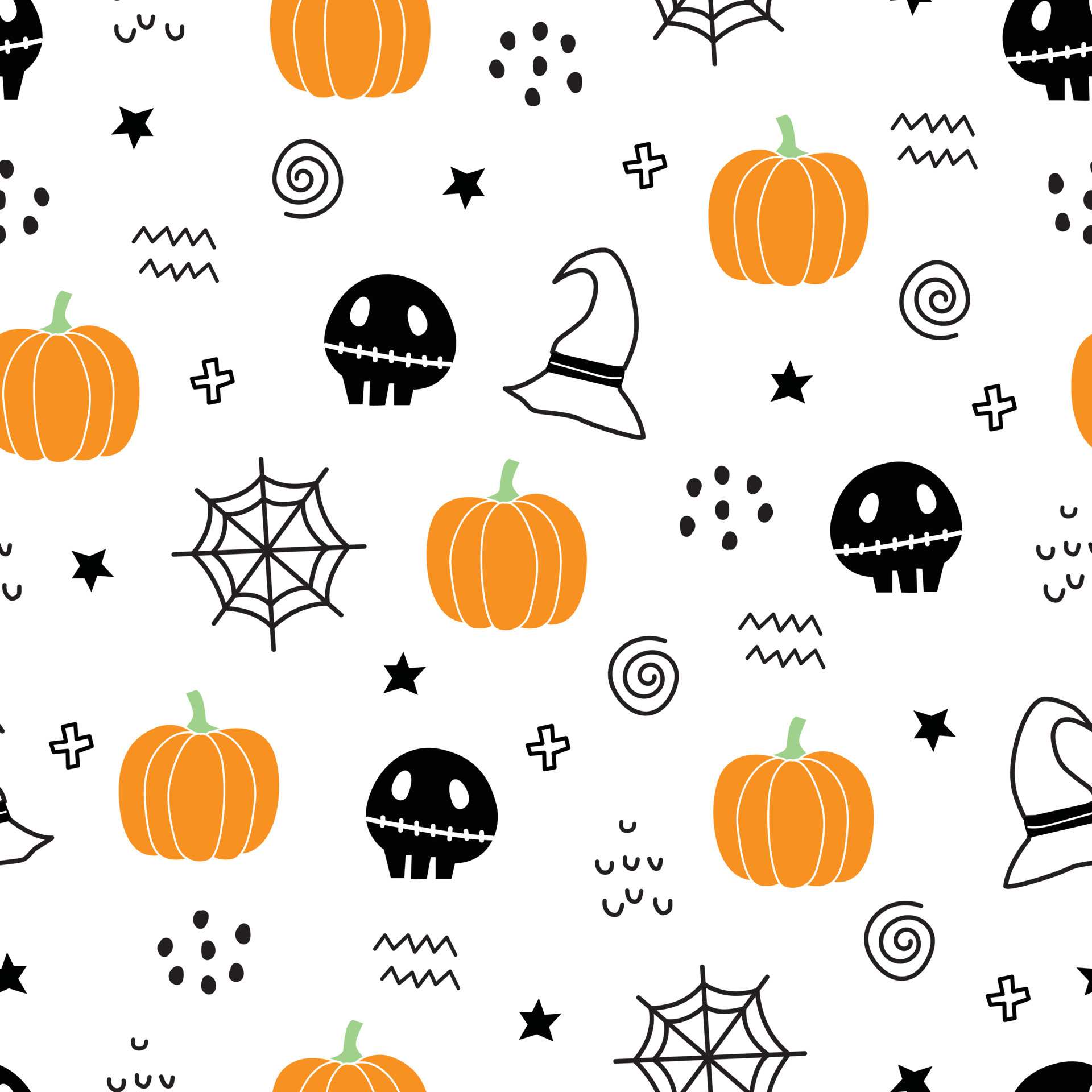 Seamless pattern design for Halloween. Halloween symbol background with ghost, pumpkin, witch hat, spider, hand drawn, cartoon style, print design, wallpaper, decorative, textile, vector illustration