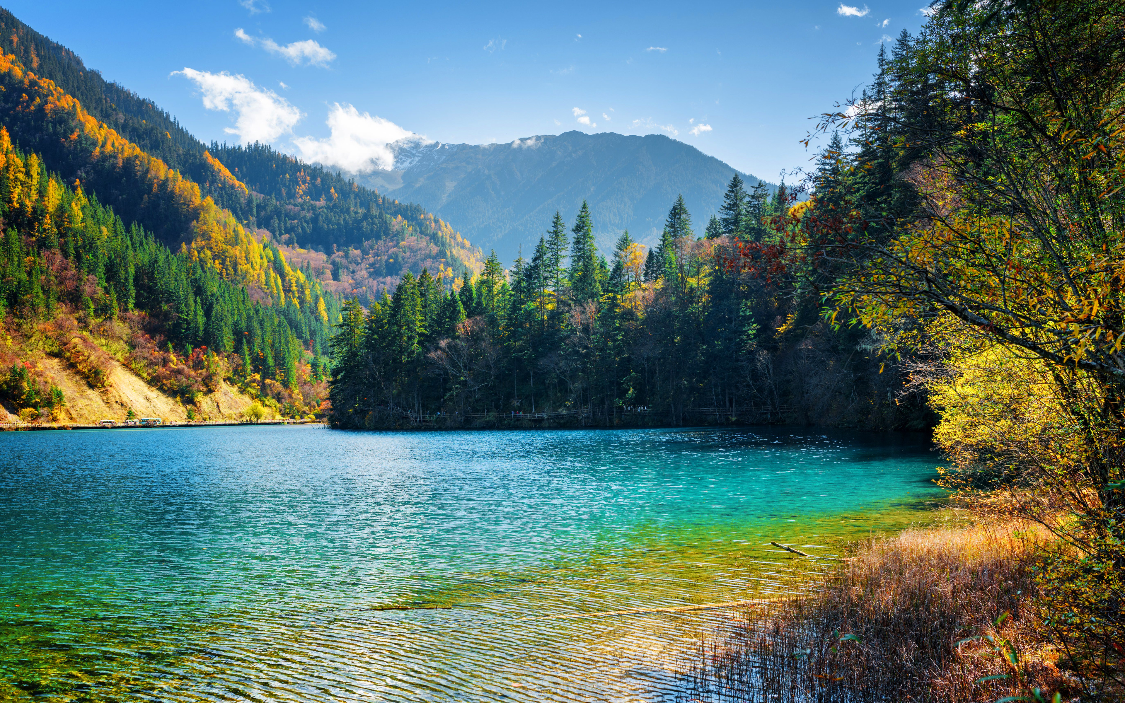 Download wallpaper Tibet, 4k, Jiuzhaigou National Park, autumn, forest, chinese landmarks, blue lake, Asia, China for desktop with resolution 3840x2400. High Quality HD picture wallpaper