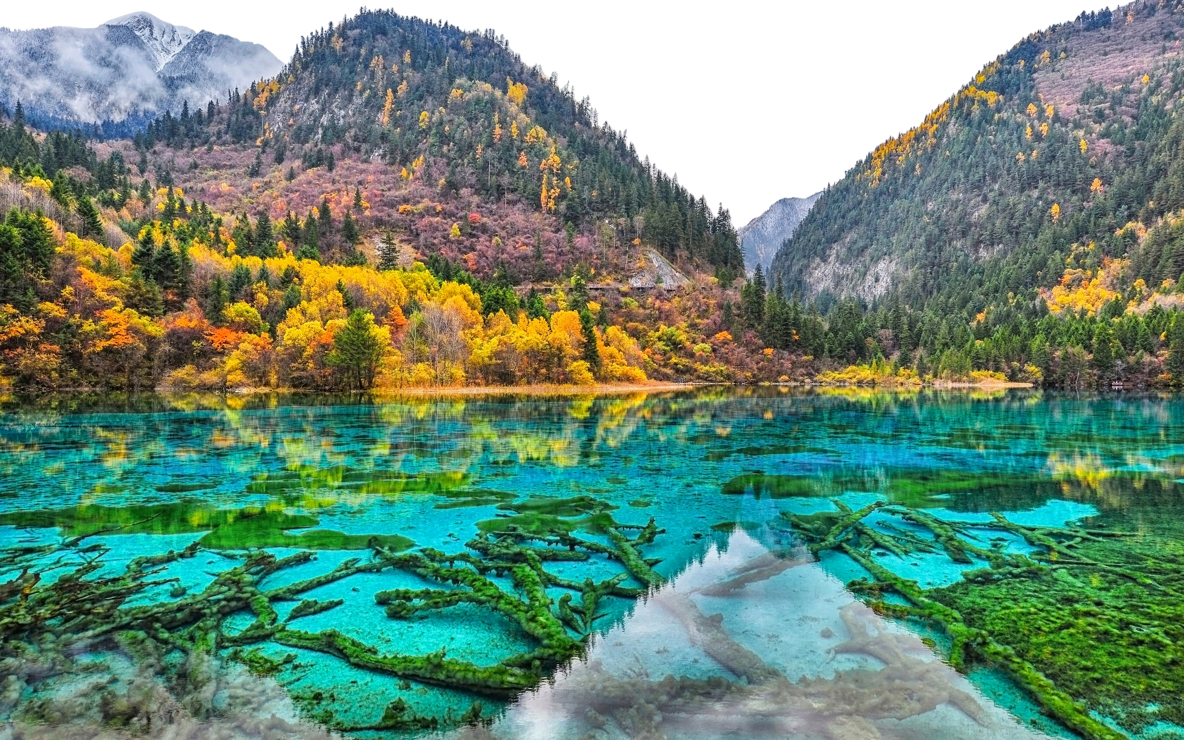 Download wallpaper 4k, Jiuzhaigou National Park, autumn, chinese landmarks, forest, blue lake, Asia, China, Jiuzhaigou for desktop with resolution 3840x2400. High Quality HD picture wallpaper