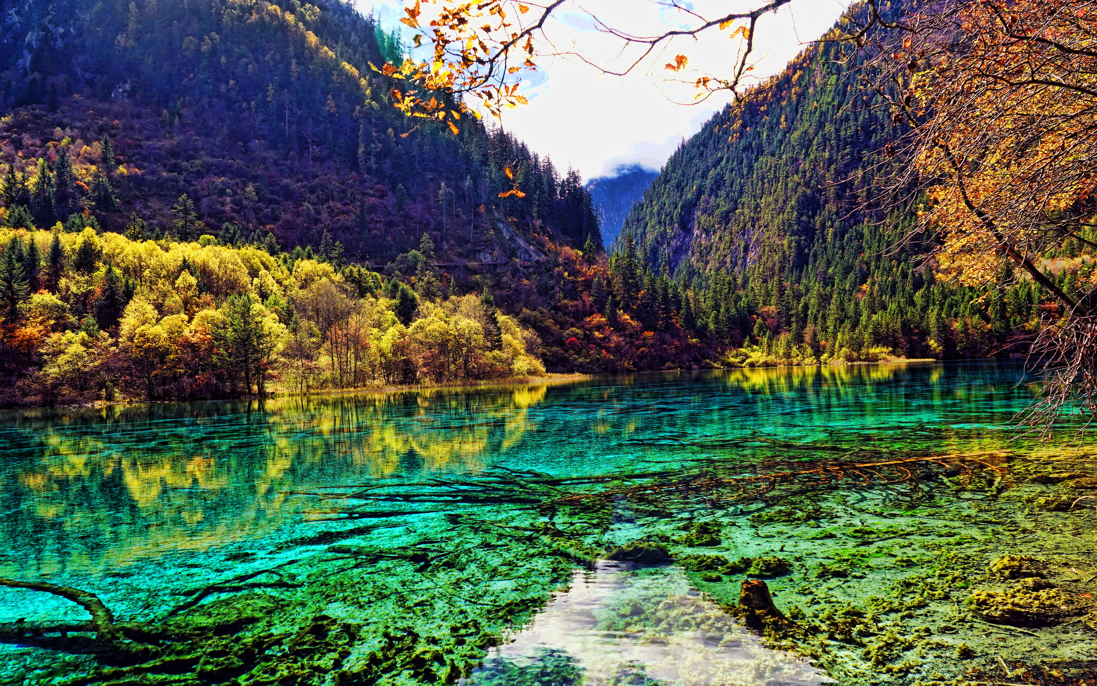 Download wallpaper 4k, Jiuzhaigou National Park, beautiful nature, autumn, blue lake, forest, China, Chinese nature, Asia, Valley of Nine Villages for desktop with resolution 3840x2400. High Quality HD picture wallpaper