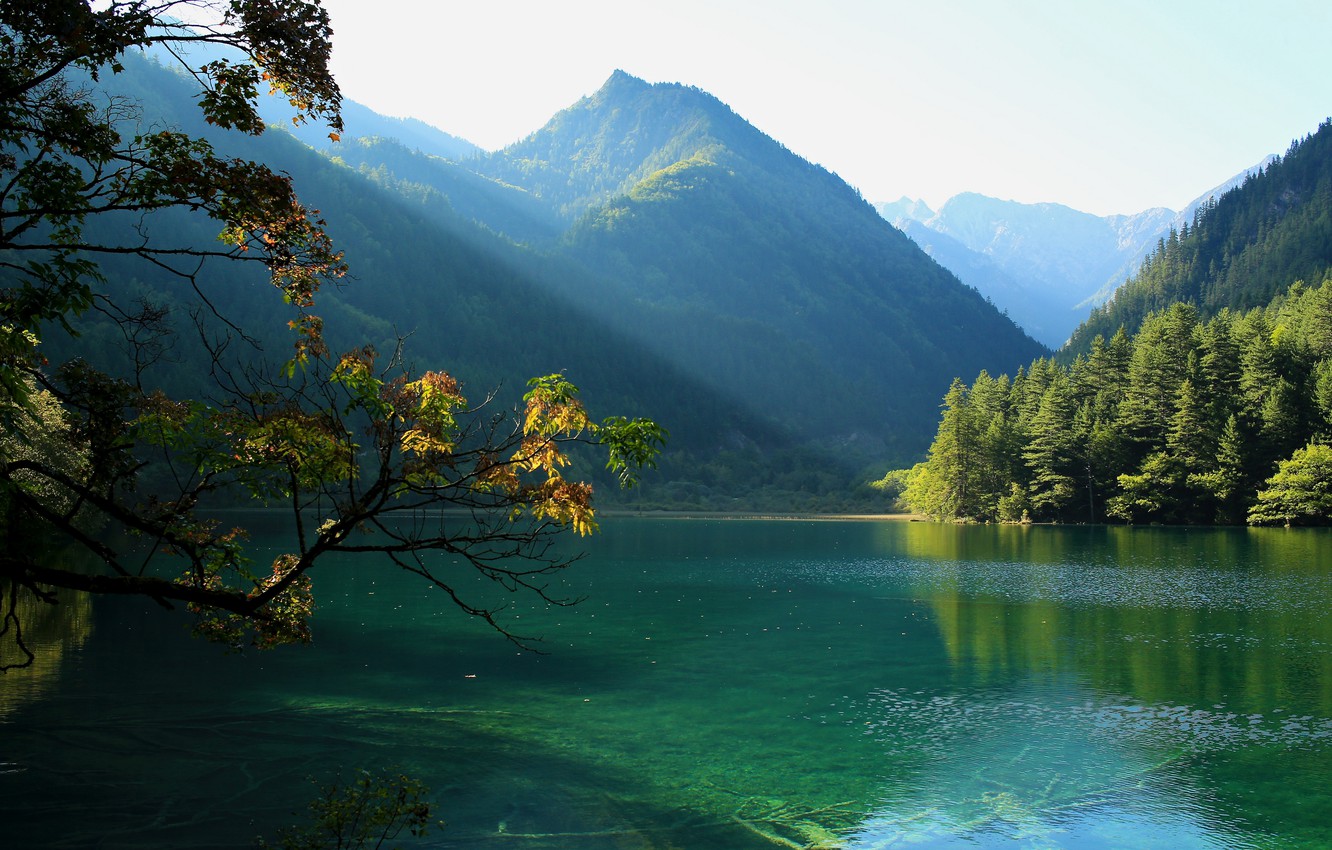 Wallpaper the sun, trees, mountains, branches, lake, beauty, China, Jiuzhaigou National Park image for desktop, section пейзажи