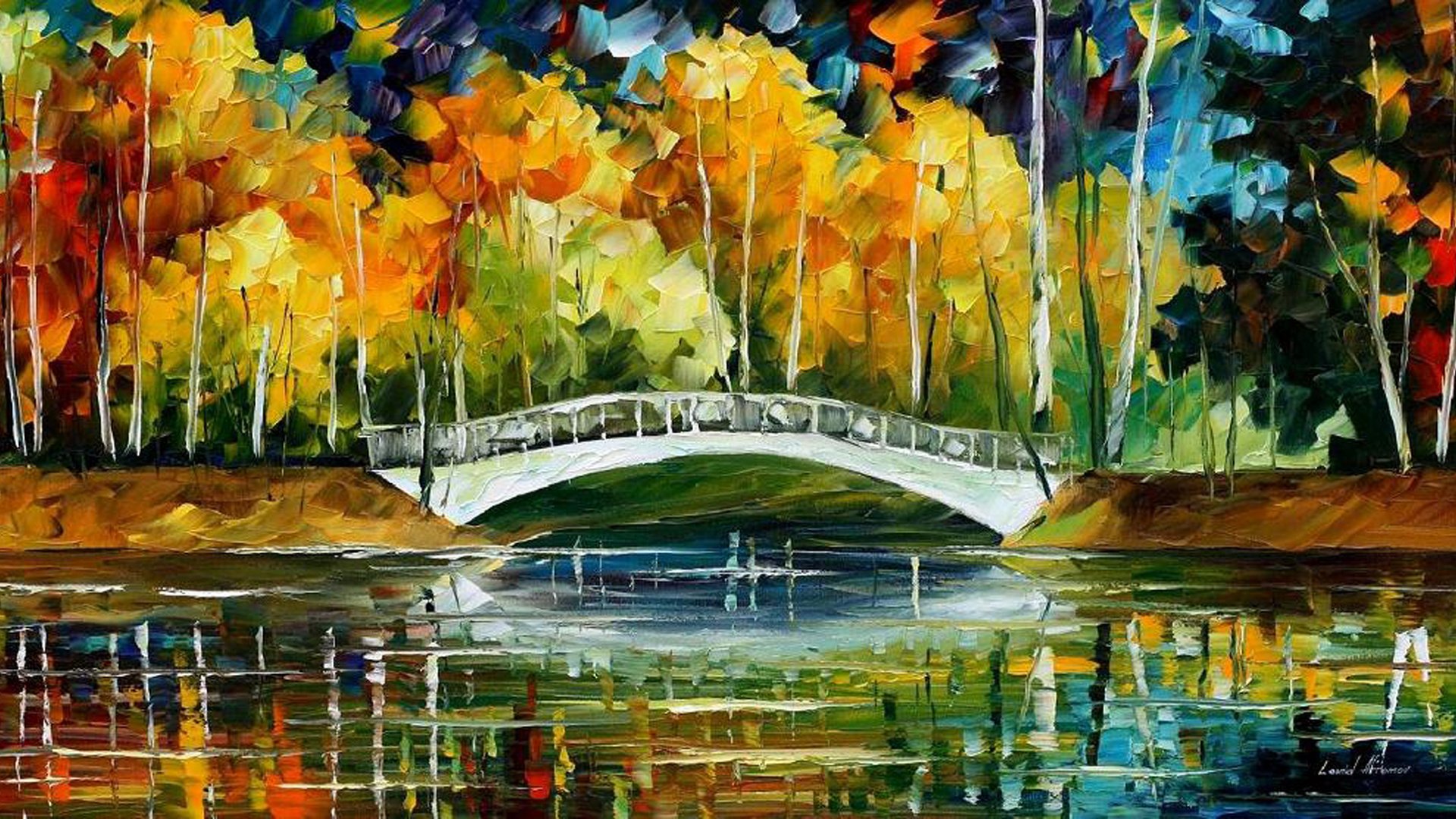 Wallpaper bridge autumn white bride new oil painting