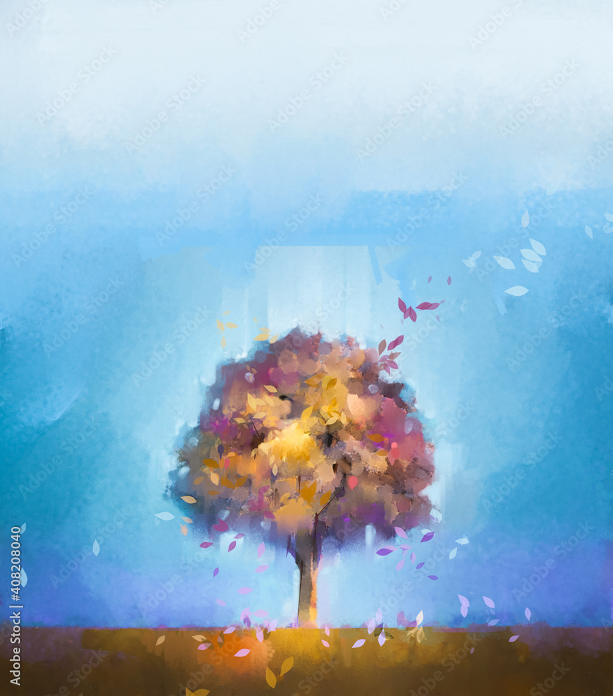 Illustration colorful autumn forest. Abstract image of fall season, yellow and red leaf on tree, field, meadow, outdoor landscape. Nature painting with oil paint. Modern art for wallpaper background Stock Illustration