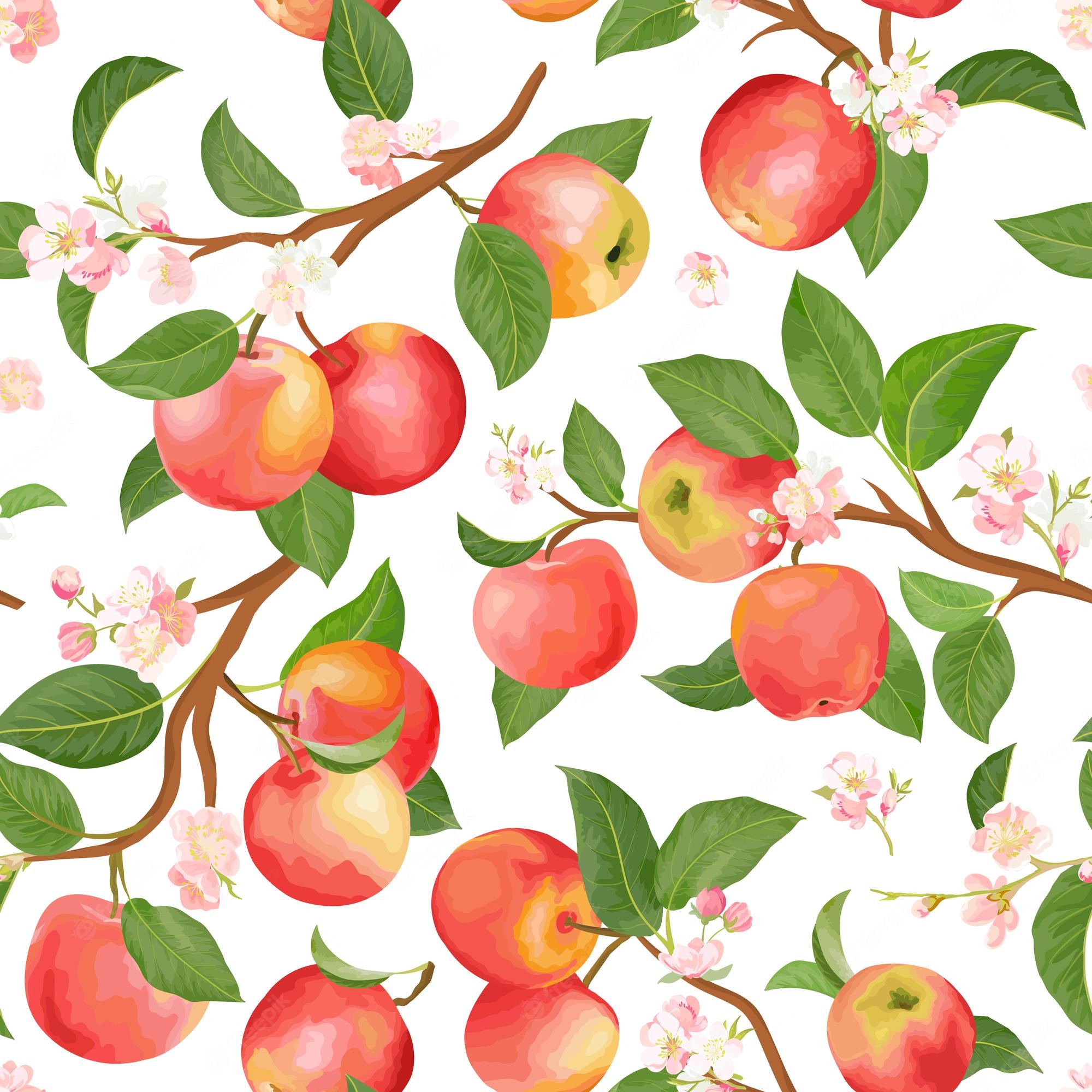 Premium Vector. Boho botanical apple seamless pattern. vector autumn fruits, flowers, leaves texture. summer floral background, nature wallpaper, watercolor backdrop fashion textile, fall wrapping paper