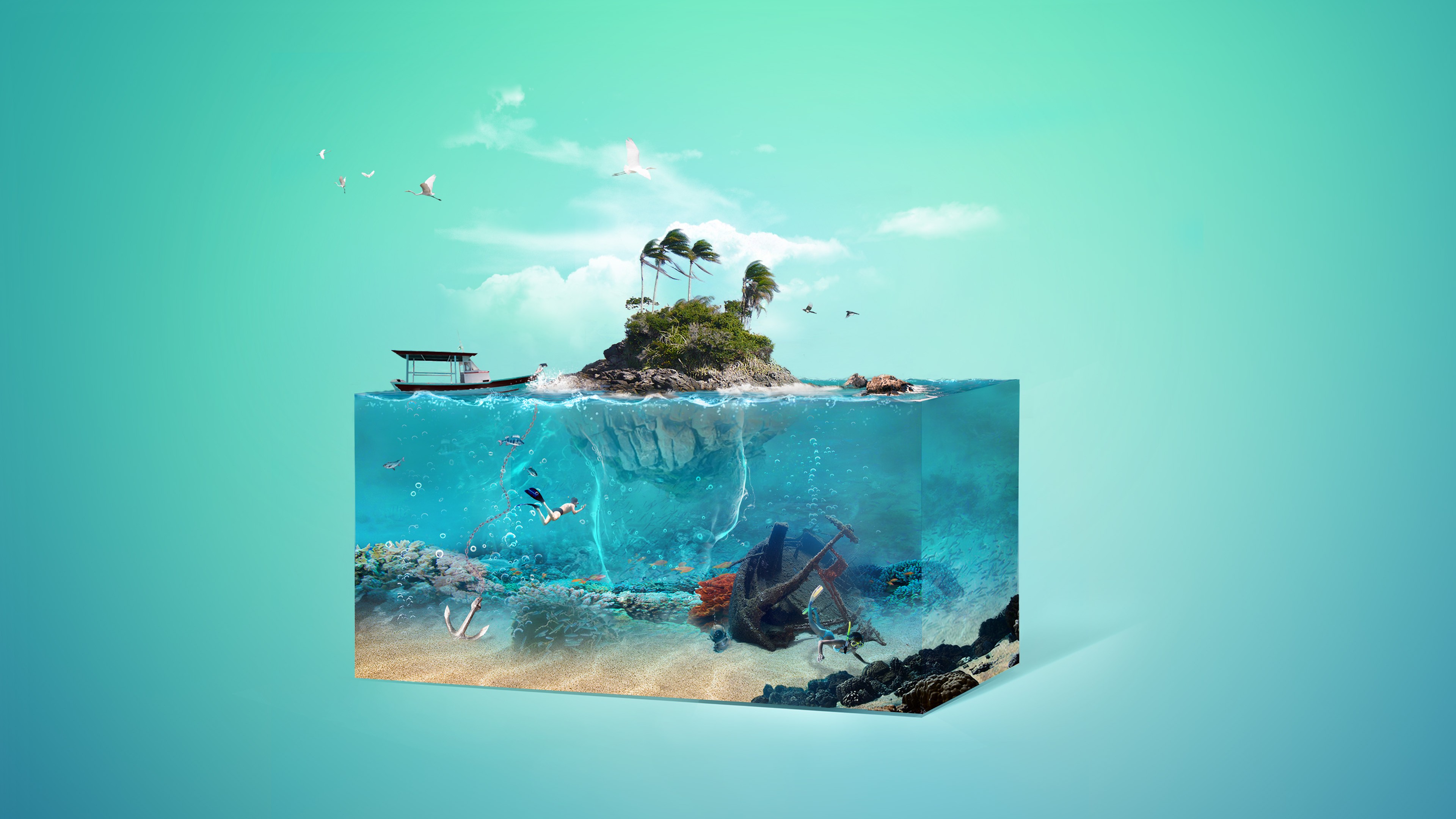 Wallpaper art, palm, island, underwater, 4k, Art