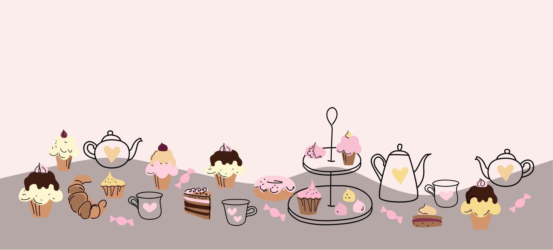 High tea banner with cakes, doodle sketch hand drawn vector design