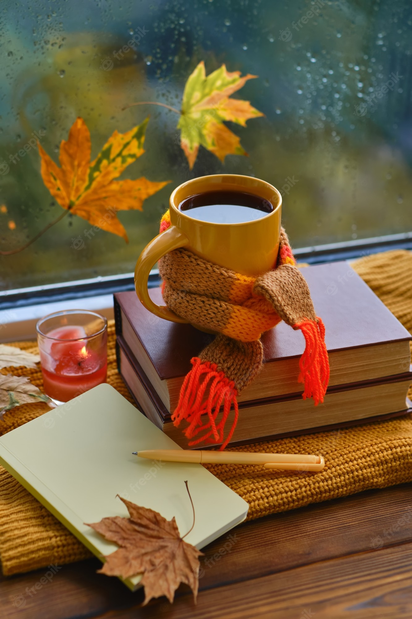 Premium Photo. Creative mood. cup of tea, autumn leaves, books, notebook and red knitted plaid on wooden table. cozy autumn composition with mock up notebook. fall. hello autumn