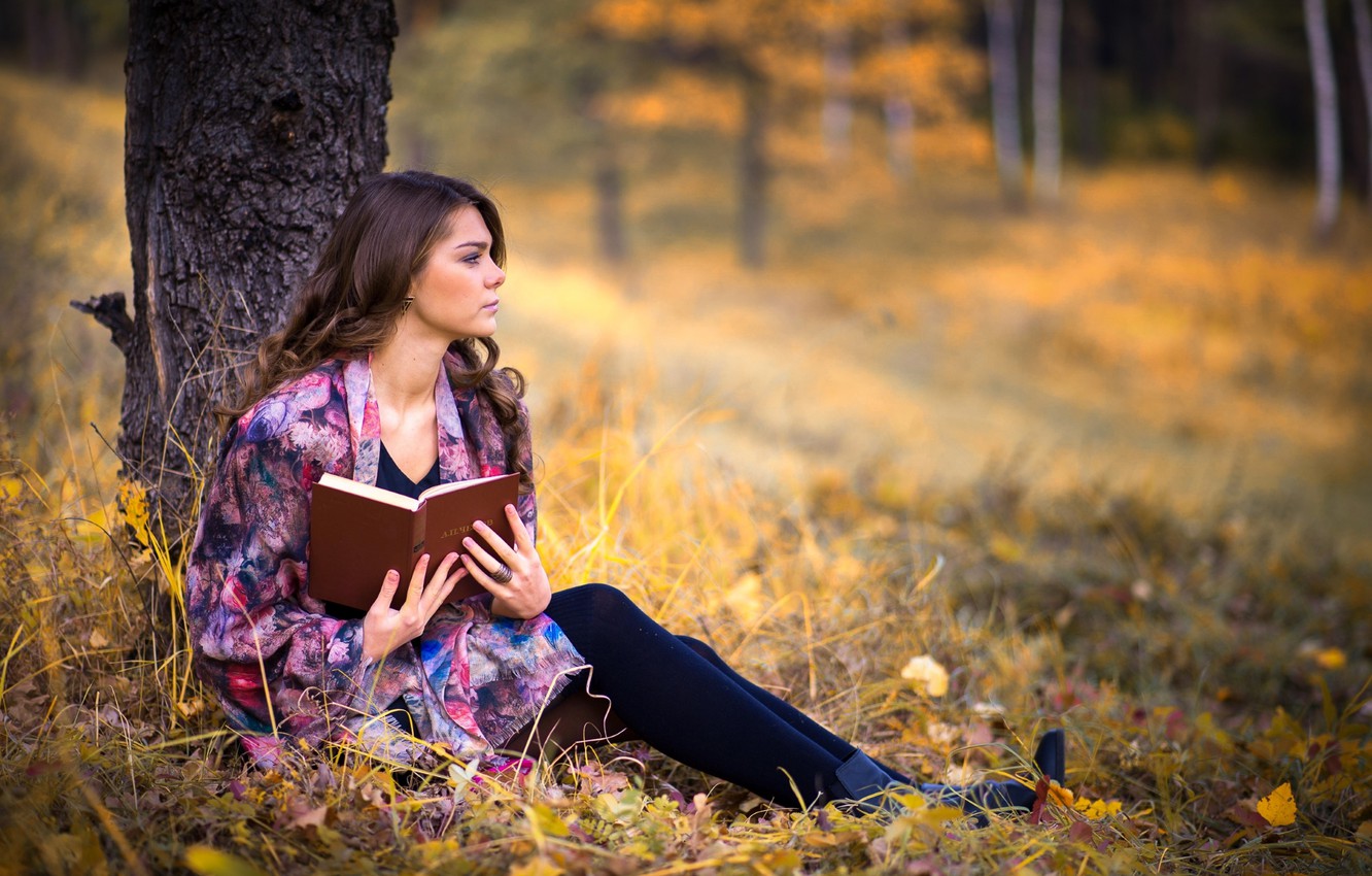 Wallpaper autumn, girl, reverie, tree, book image for desktop, section настроения