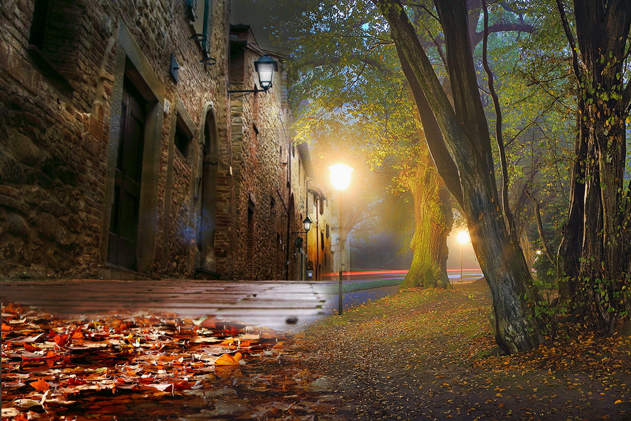 Wallpaper. Golden autumn. photo. picture. street, lantern, landscape, night, autumn