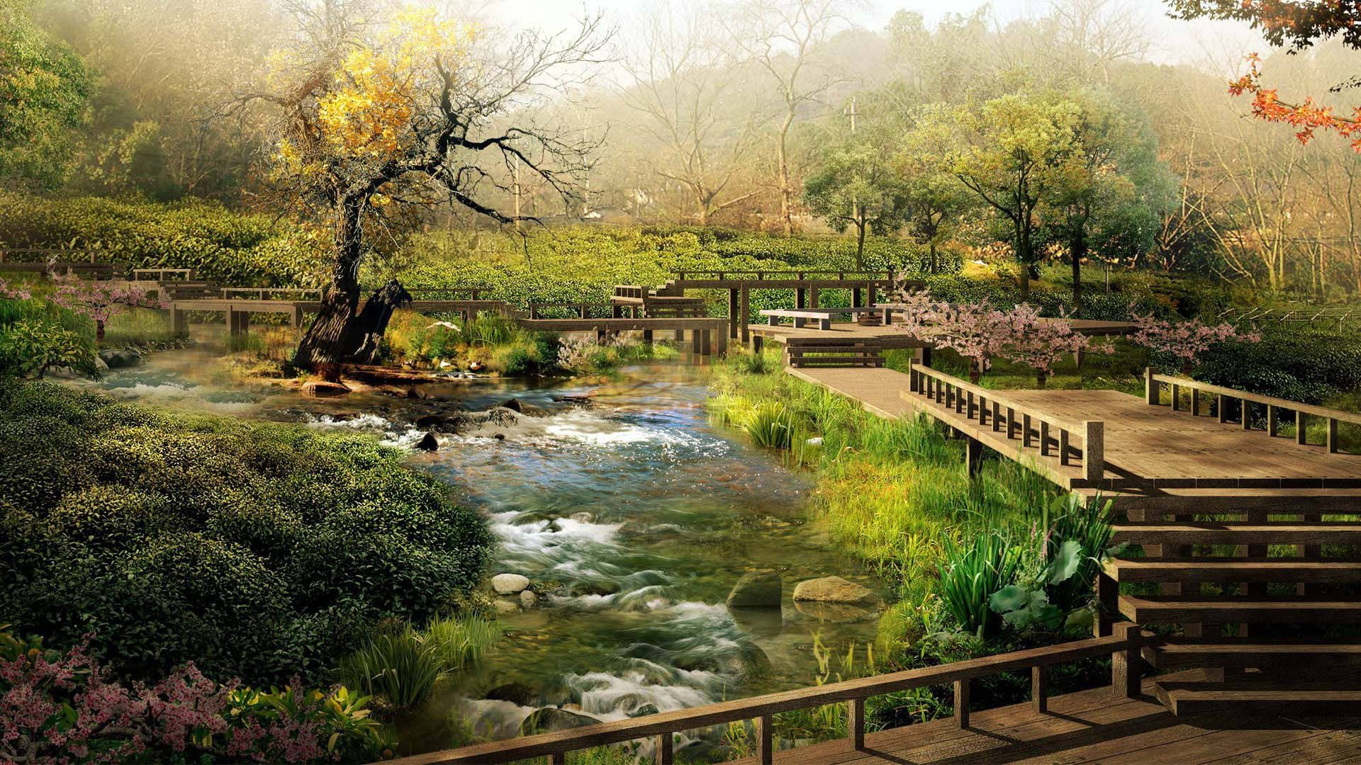 Download Garden Lake Bridge Japanese Nature Wallpaper