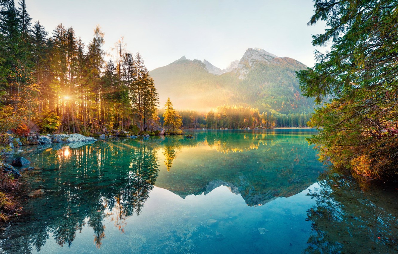 Wallpaper autumn, mountain, lake, sunlight image for desktop, section пейзажи