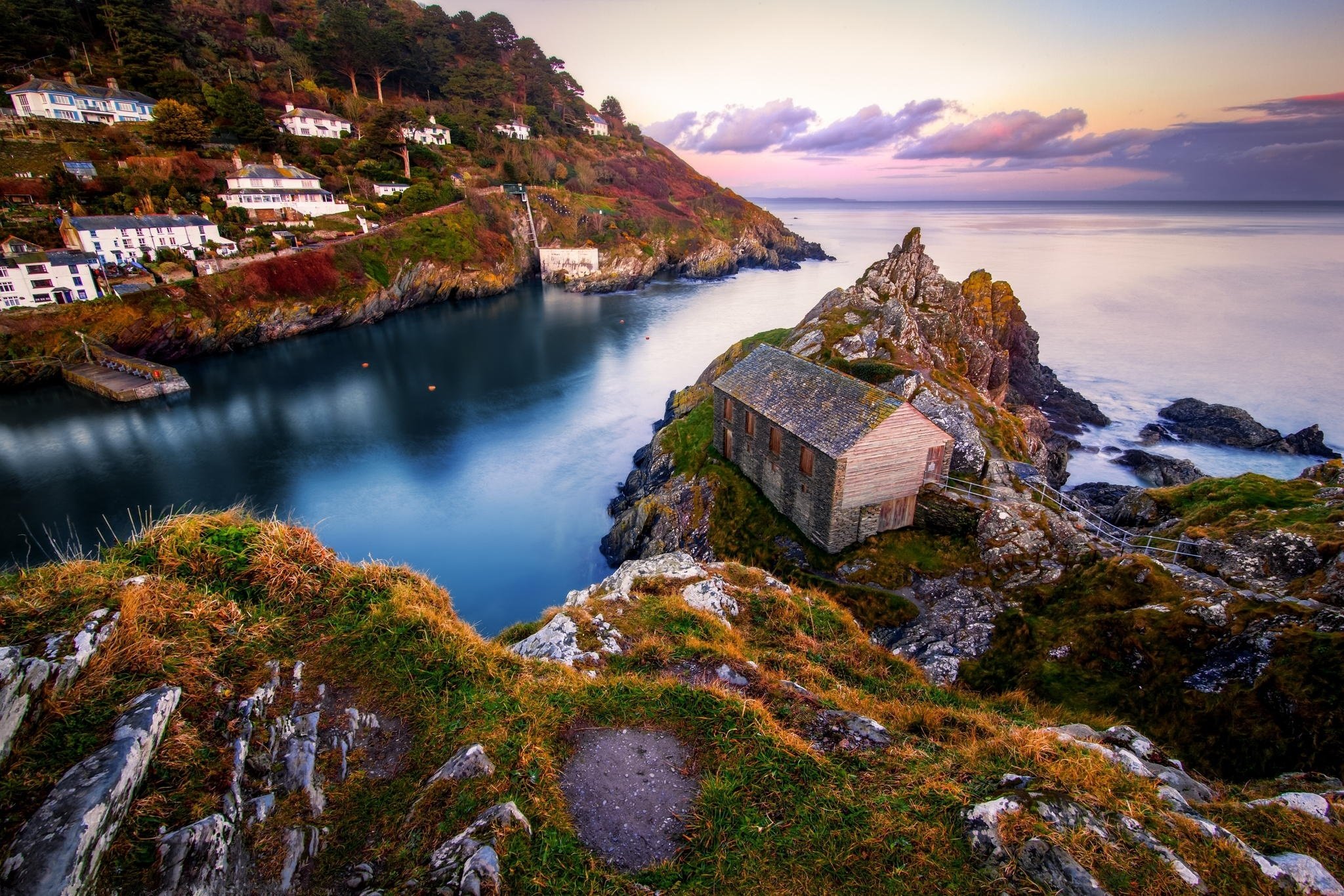 landscape, Sea, Bay, Rock, House, Sunset, Evening, Sky, Clouds, Nature, Autumn, Ocean, Rustic, Village, Town Wallpaper HD / Desktop and Mobile Background