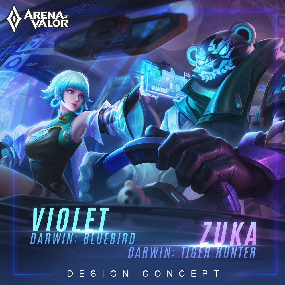 Arena of Valor is all about Violet and Zuka. Bluebird Violet strikes a balance of traditional with technological, while Tiger Hunter Zuka draws inspiration from modernizing ancient demonic masks
