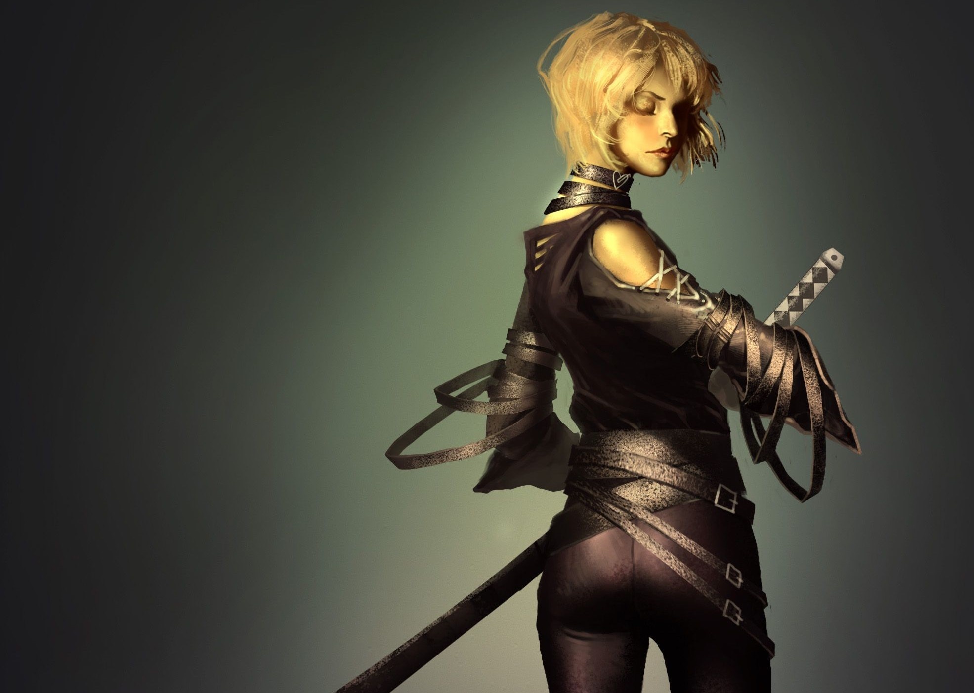 Girl sword katana art back warrior blonde wallpaperx1404