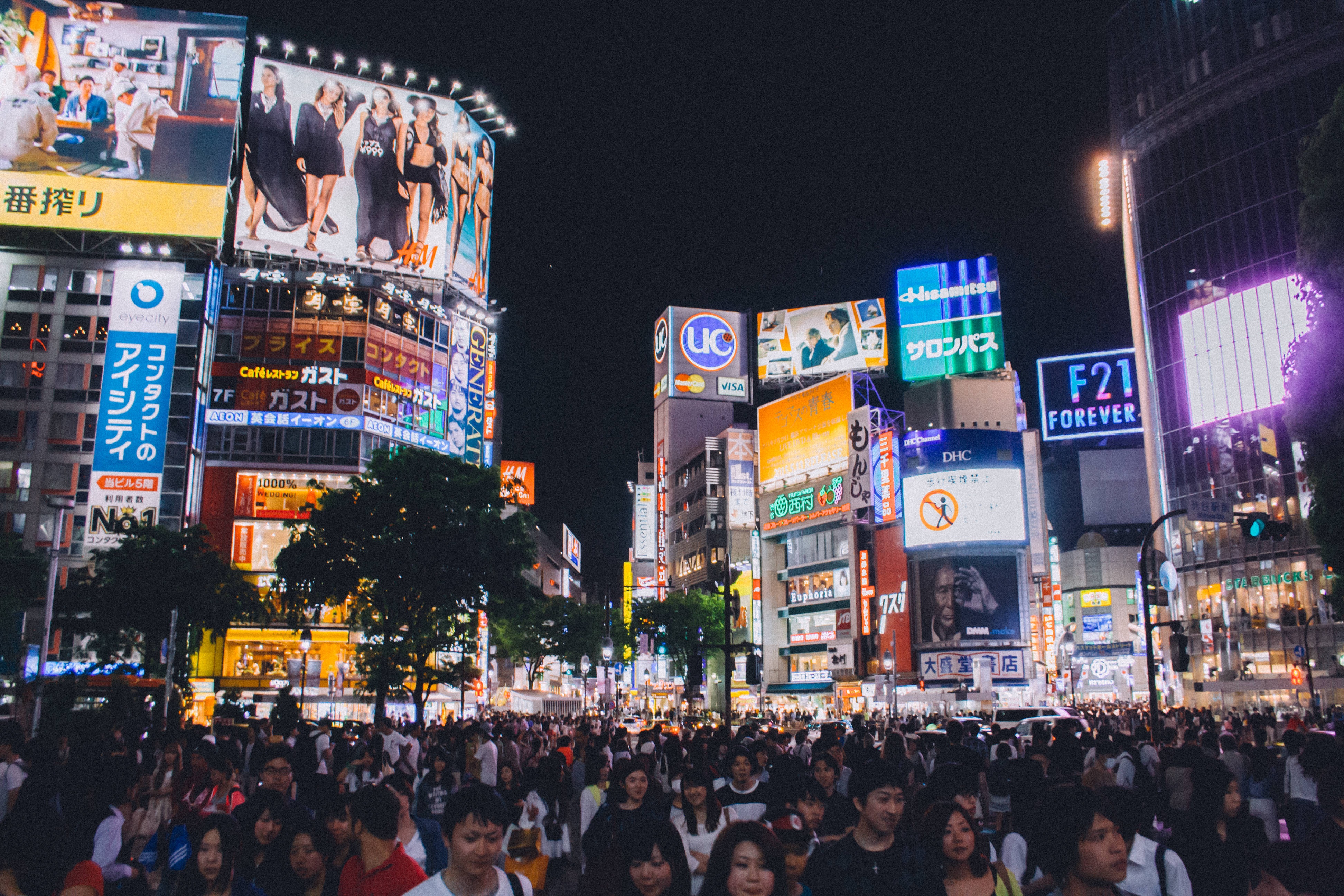 Lots of people and billboards at the shibuya crossing in Tokyo free image download