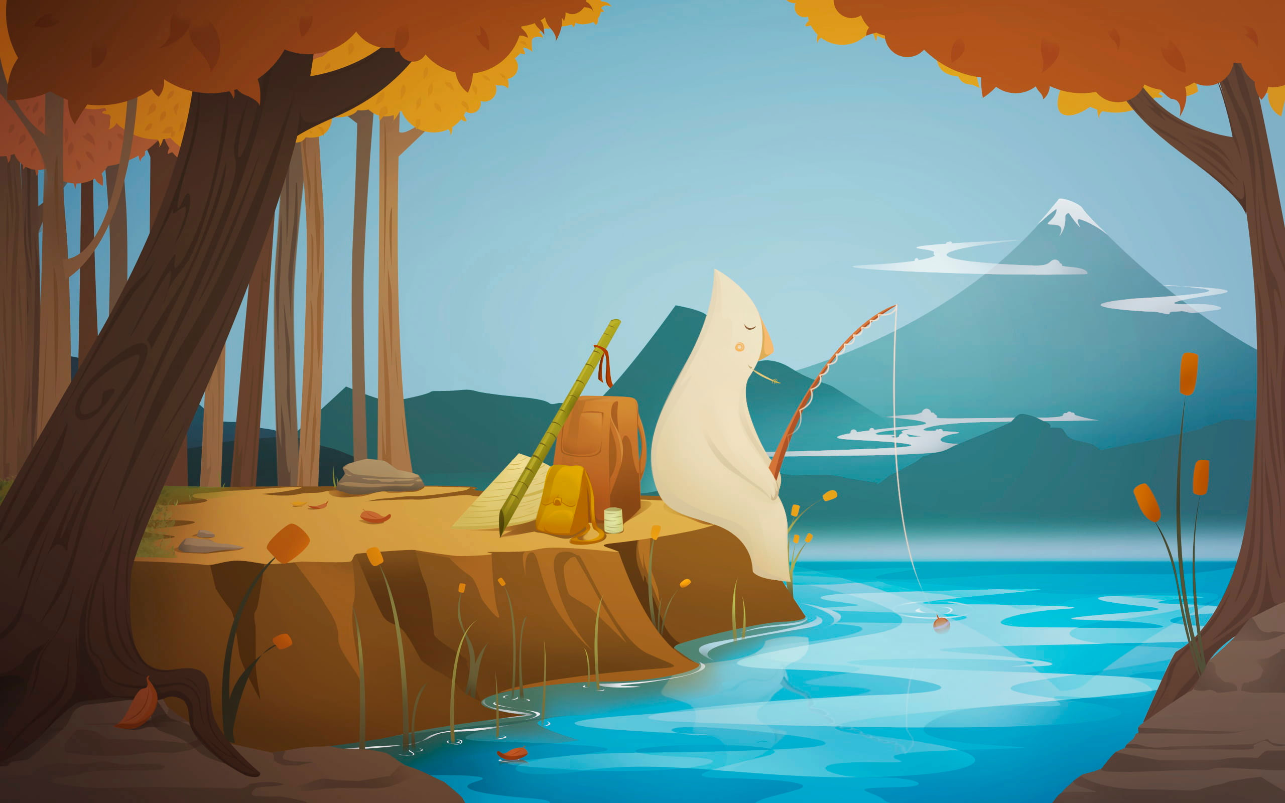 Person Fishing Wallpaper Illustration, Polar Panda Fishing On River Beside Tree Painting • Wallpaper For You