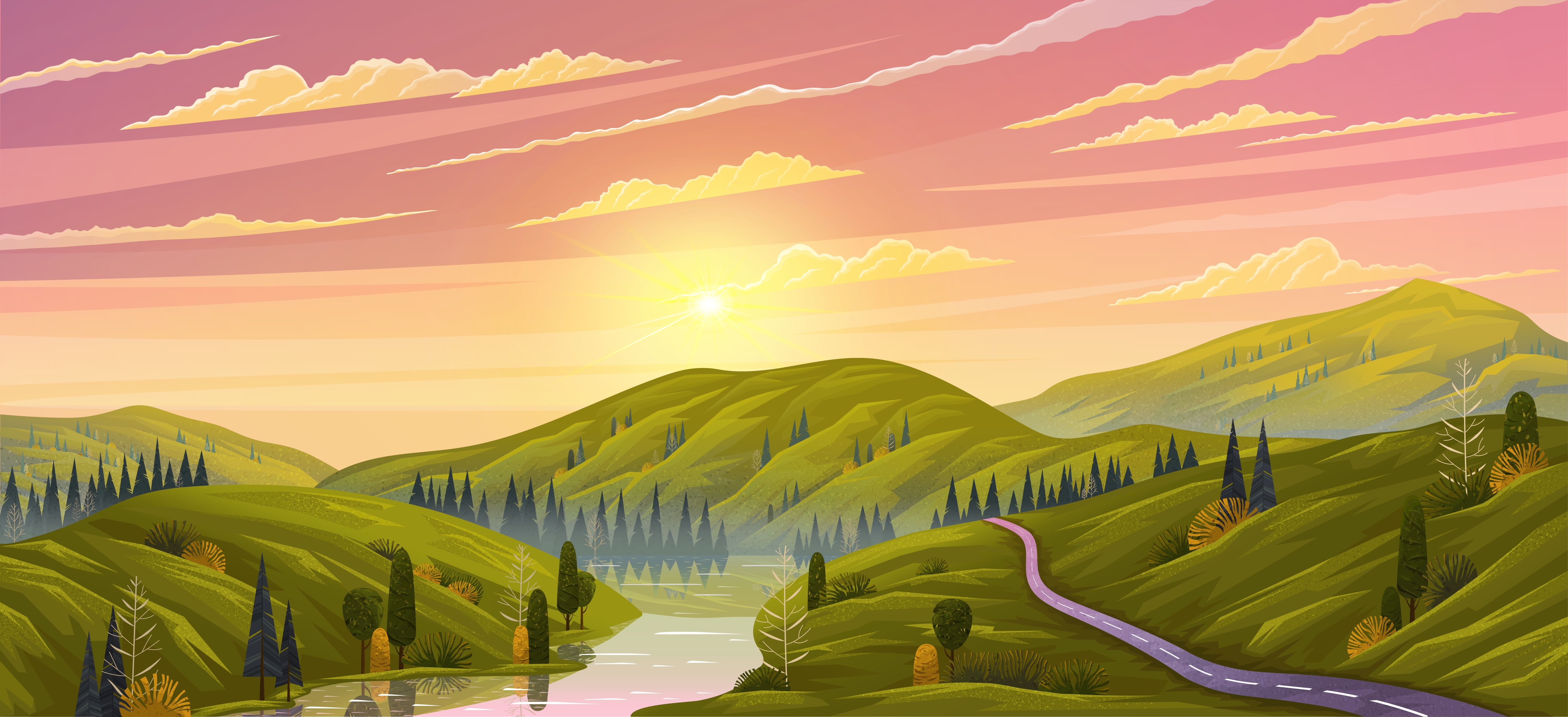 Landscape Hills Sunset Green Trees Vector River Plains Nature Sky Clouds Road Sun Forest Wallpaper:5741x2625