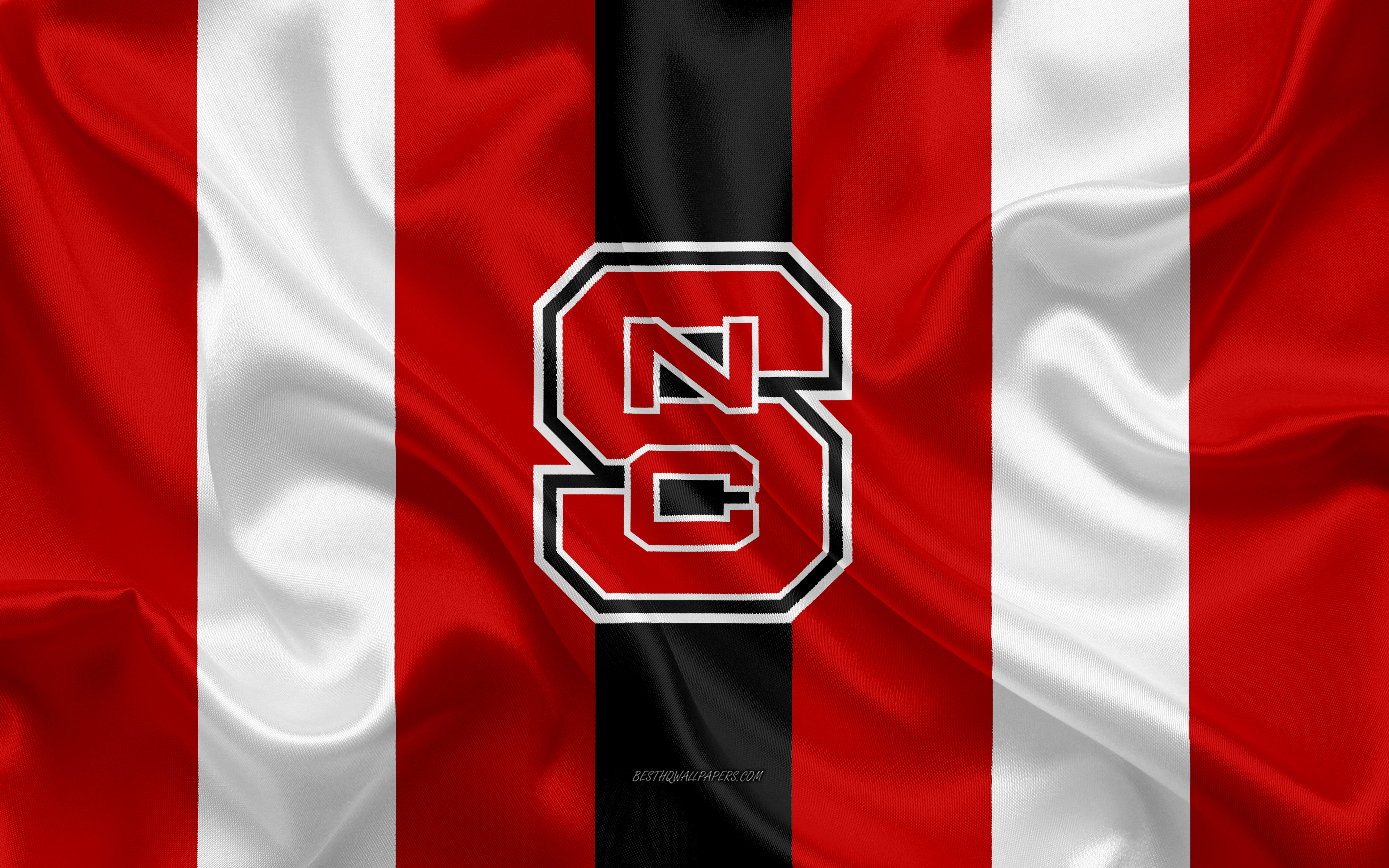 Download Wallpaper NC State Wolfpack, American Football Team, Emblem, Silk Flag, Red Black Silk Texture, NCAA, NC State Wolfpack Logo, Raleigh, North Carolina, USA, American Football For Desktop With Resolution 3840x2400. High Quality
