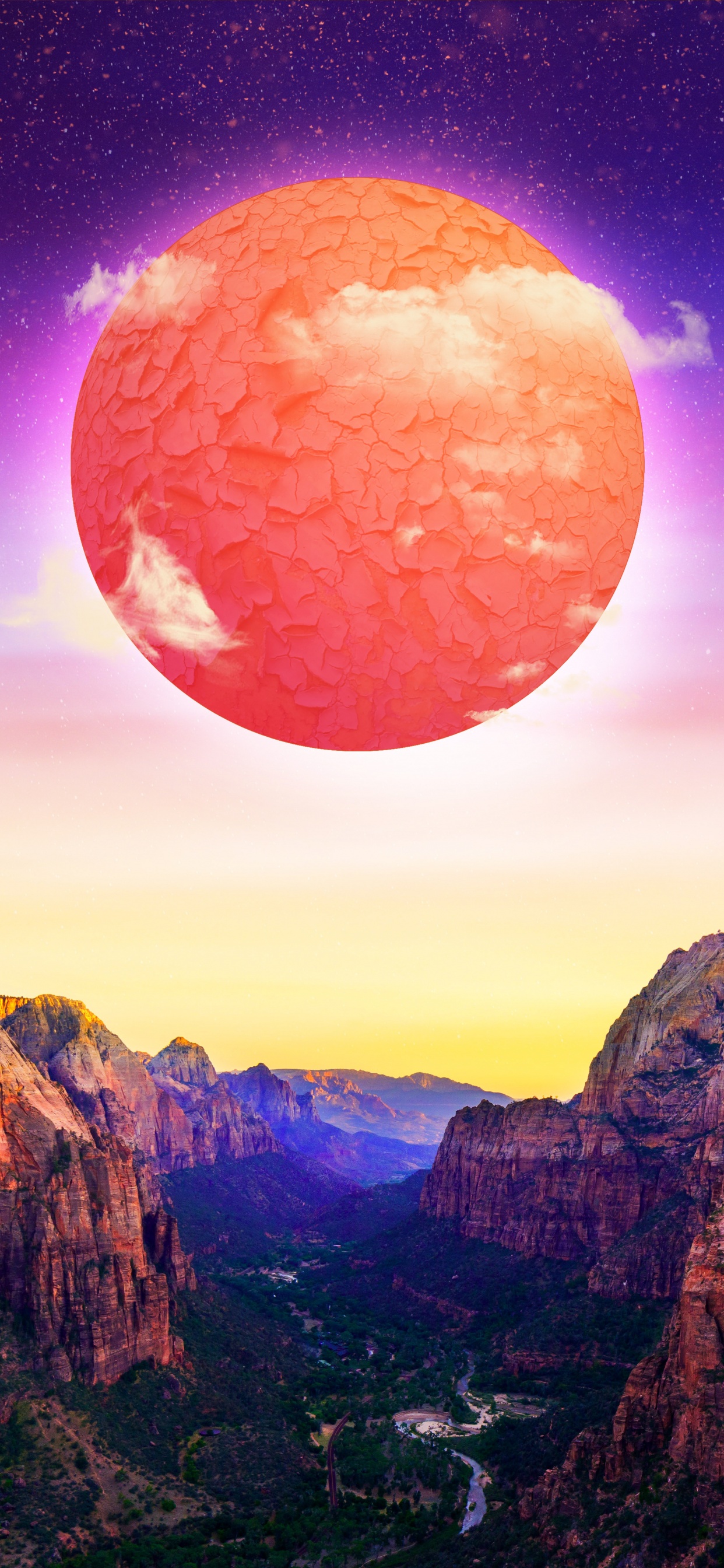 Sun Wallpaper 4K, Valley, Purple sky, Cracked, Daytime, Surreal, Nature