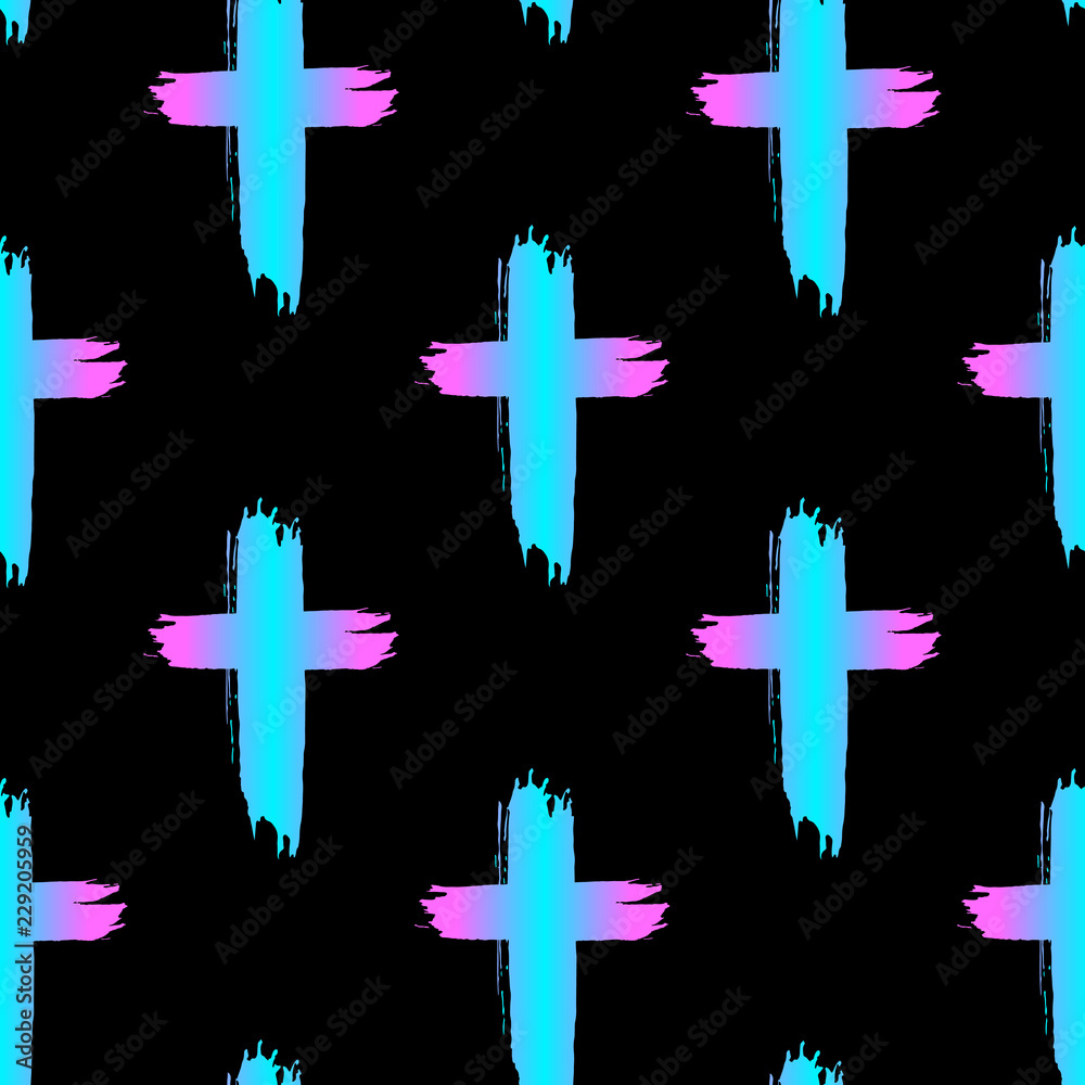 Seamless pattern with Christian crosses on black background. Halloween wallpaper. Rough brush painted vector backdrop. Cute kawaii pastel goth style. Stock Vector