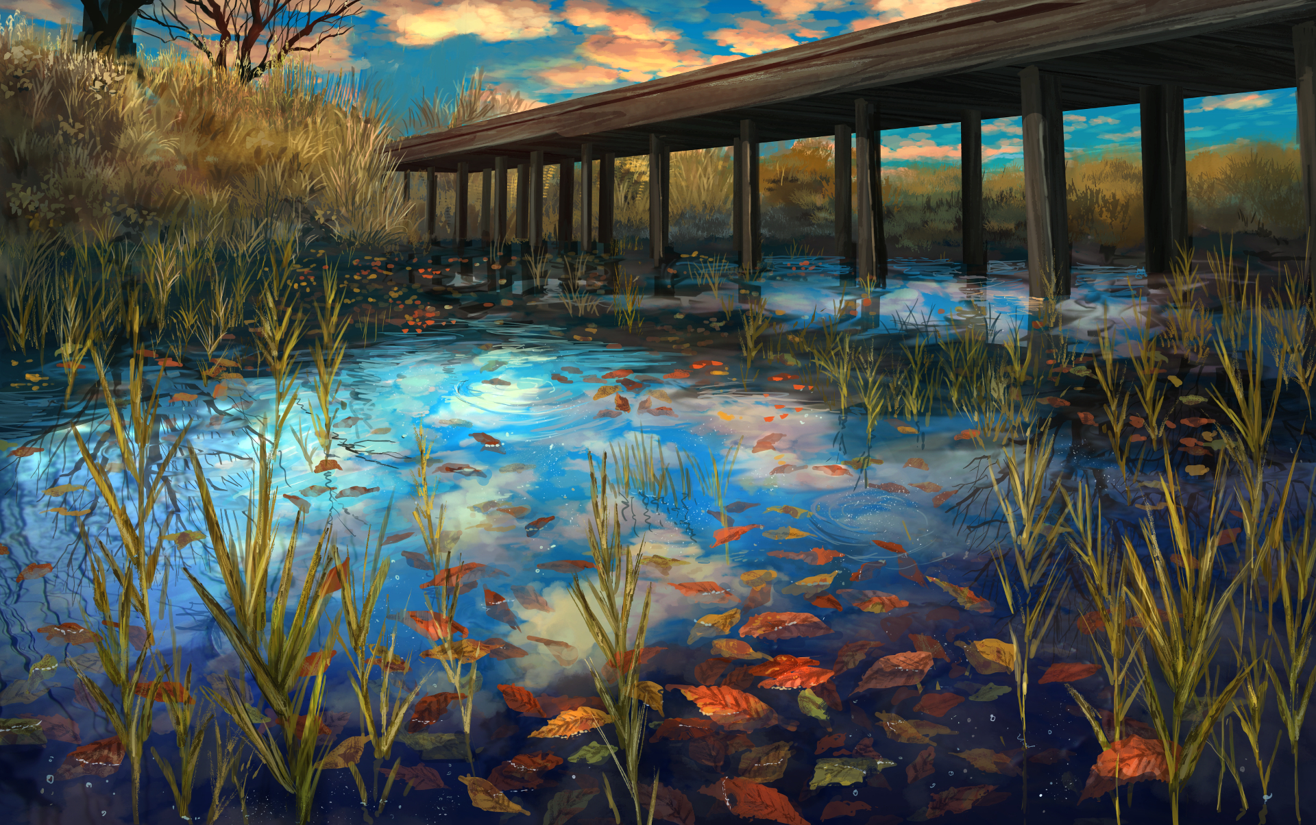 Download 1600x900 Anime Landscape, River, Bridge, Autumn, Scenic Wallpaper