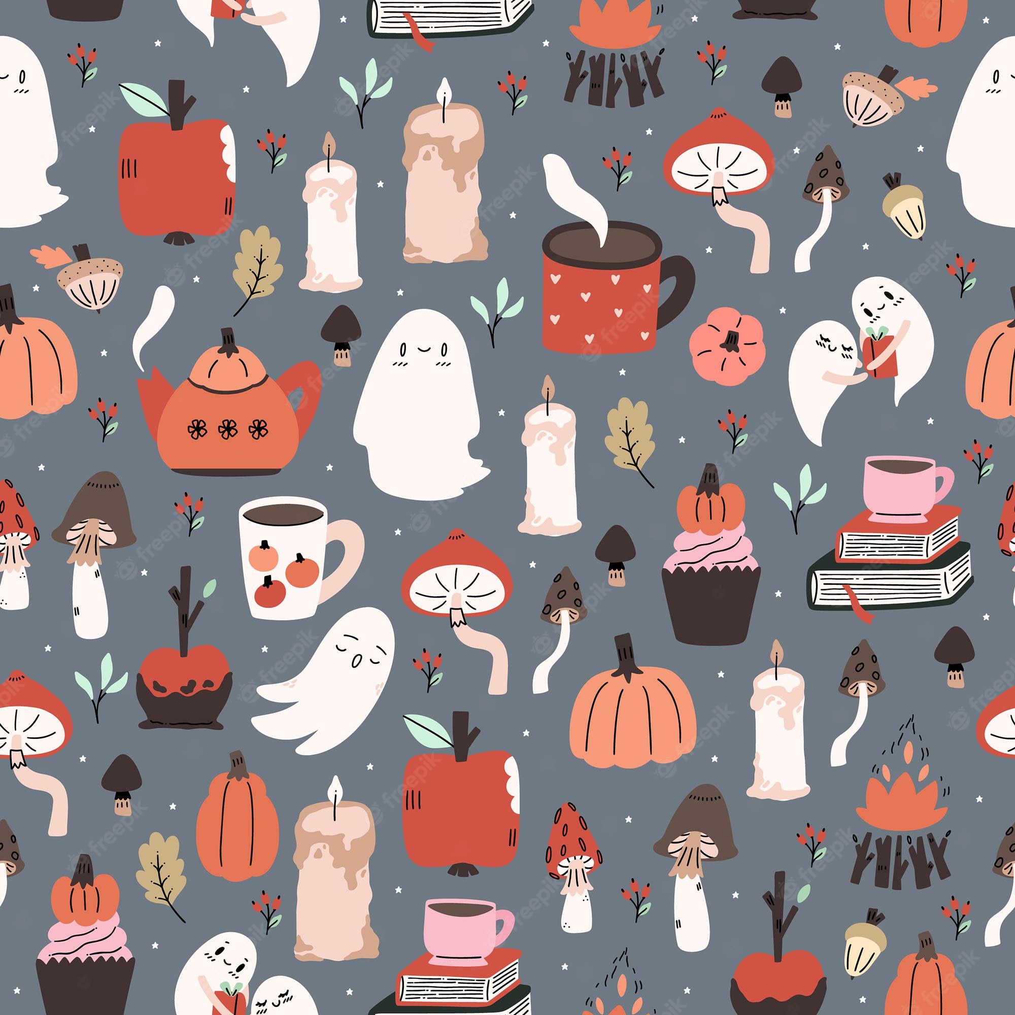Premium Vector. Cute illustrated halloween pattern. seamleass repeated background. wallpaper, fabric, scrapbook paper design