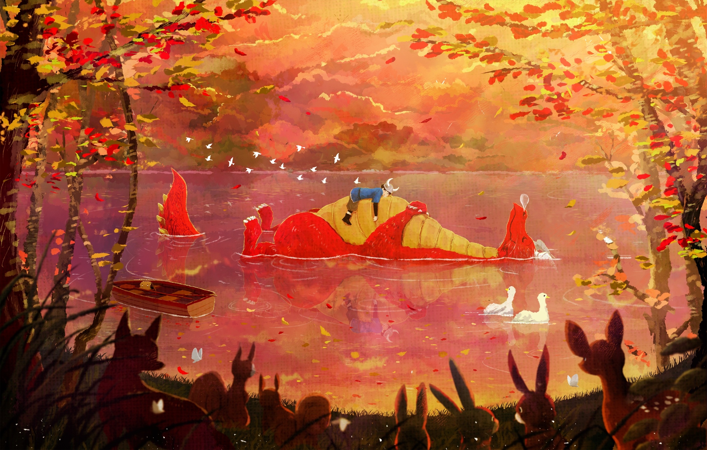 Download 1920x1080 Anime Landscape, Dragon, Fantasy Creature, Autumn, Lake, Anime Boy Wallpaper for Widescreen