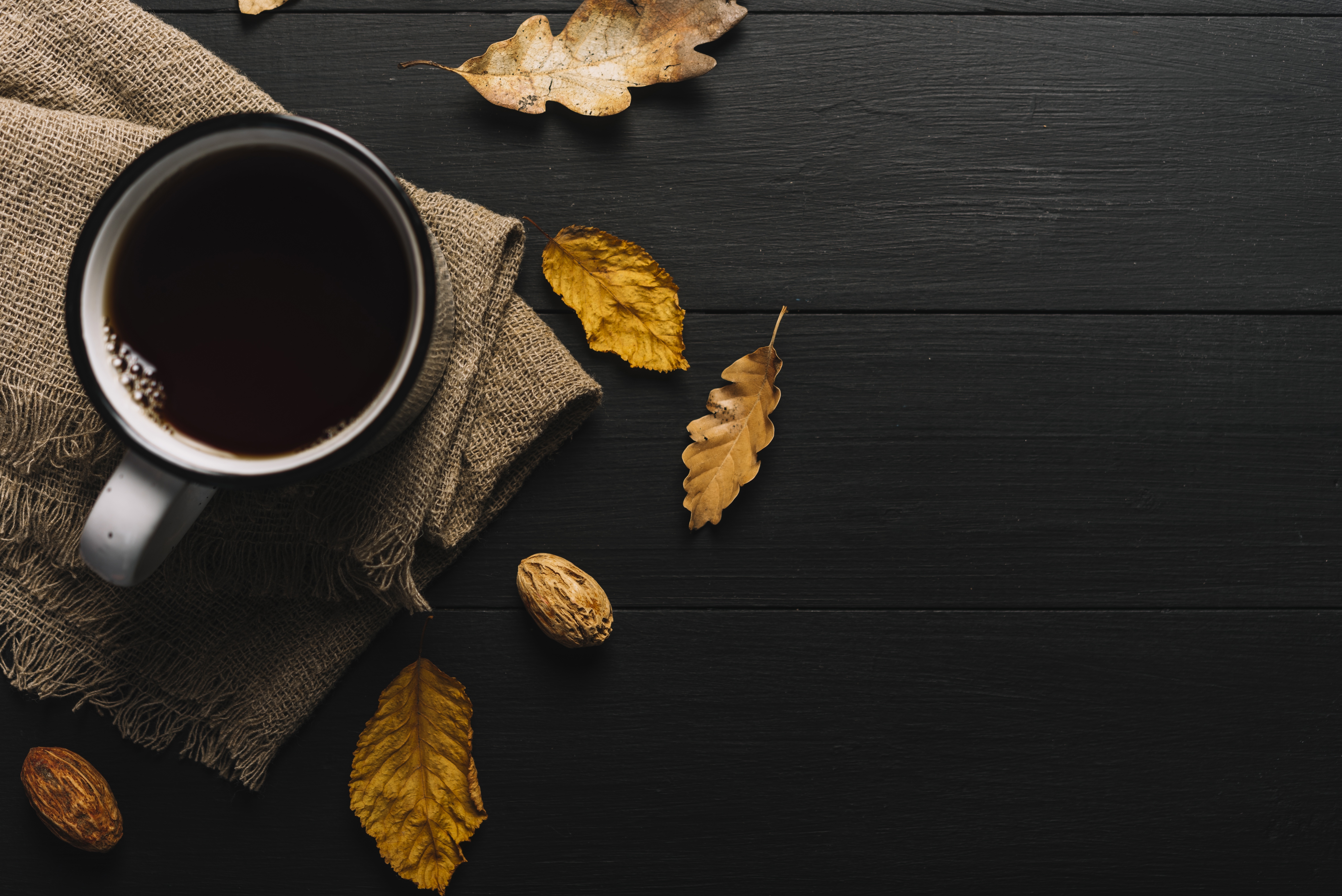 Download 2560x1440 Coffee, Yellow Leaves, Autumn, Cozy, Table, Vintage Wallpaper for iMac 27 inch